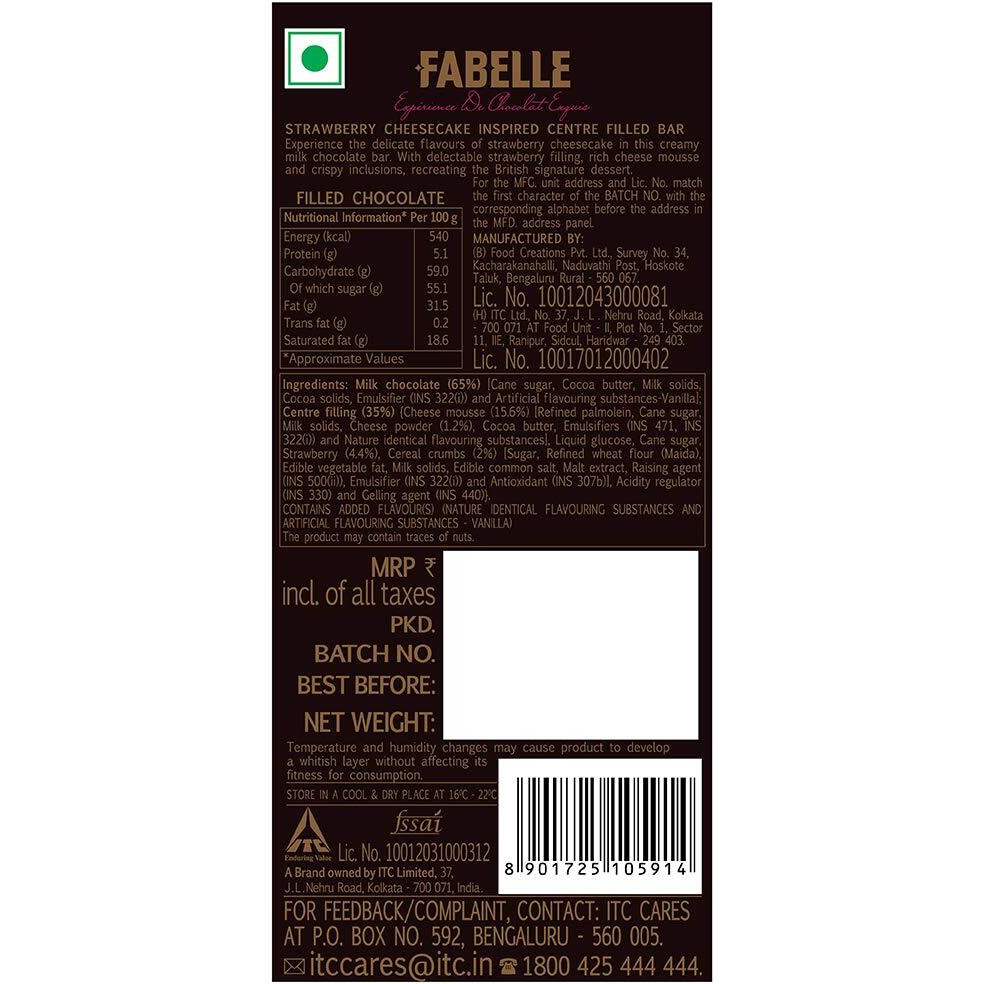 Fabelle Strawberry Cheesecake, Luxury Milk Chocolate Centre Filled Bar with Strawberry and Cheese Mousse, 131 Grams