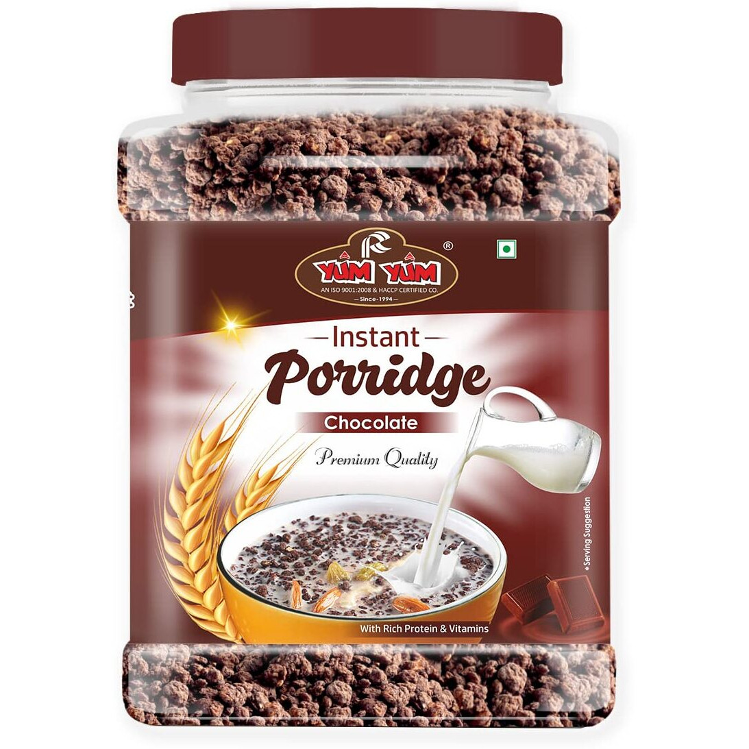 YUM YUM High Fiber Instant Roasted Porridge Chocolate Flavour with Proteins & Vitamins  750gm (Pack of 1 Jar) Nutritious Breakfast Cereals, (Daliya/Dalia)