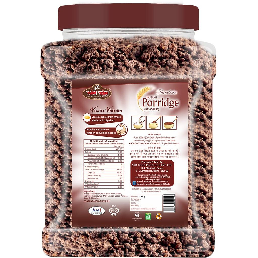 YUM YUM High Fiber Instant Roasted Porridge Chocolate Flavour with Proteins & Vitamins  750gm (Pack of 1 Jar) Nutritious Breakfast Cereals, (Daliya/Dalia)