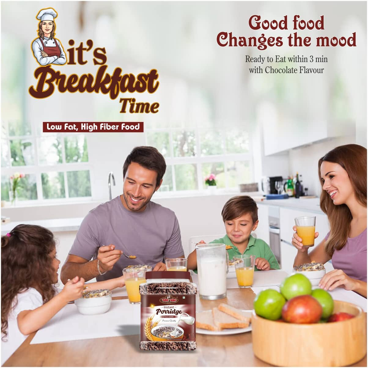YUM YUM High Fiber Instant Roasted Porridge Chocolate Flavour with Proteins & Vitamins  750gm (Pack of 1 Jar) Nutritious Breakfast Cereals, (Daliya/Dalia)