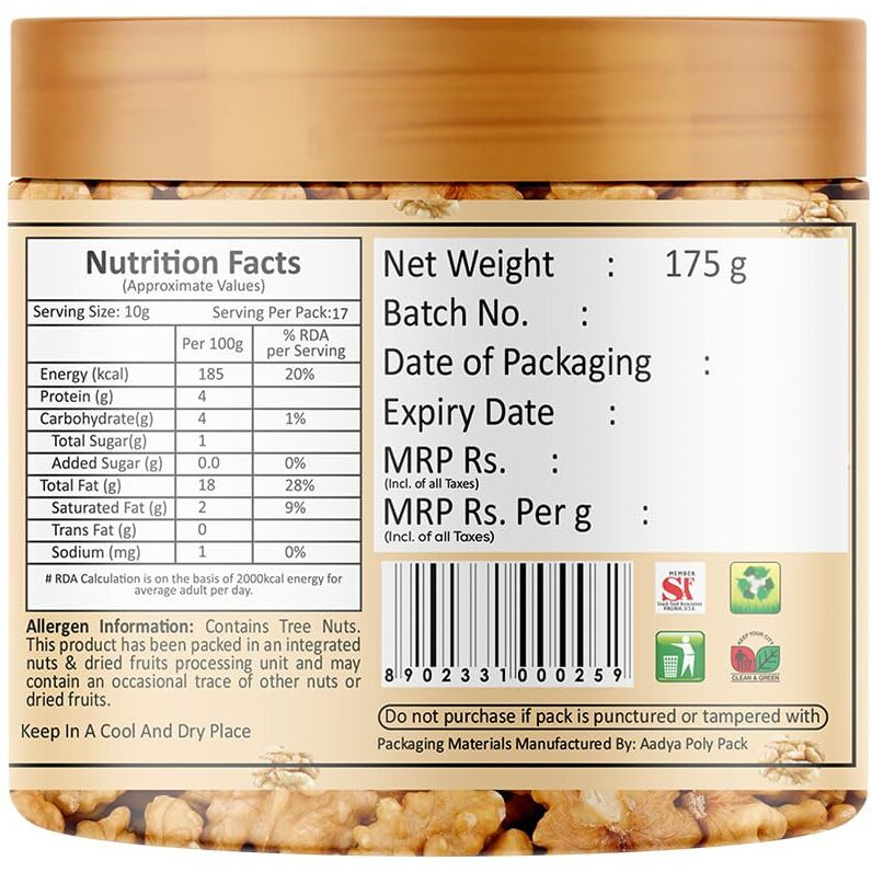 YUM YUM 100% Natural California Walnut Kernels 175g | Premium Akrot Giri | High in Protein & Iron | Low Calorie Nut| Trans Fat & Cholesterol Free
