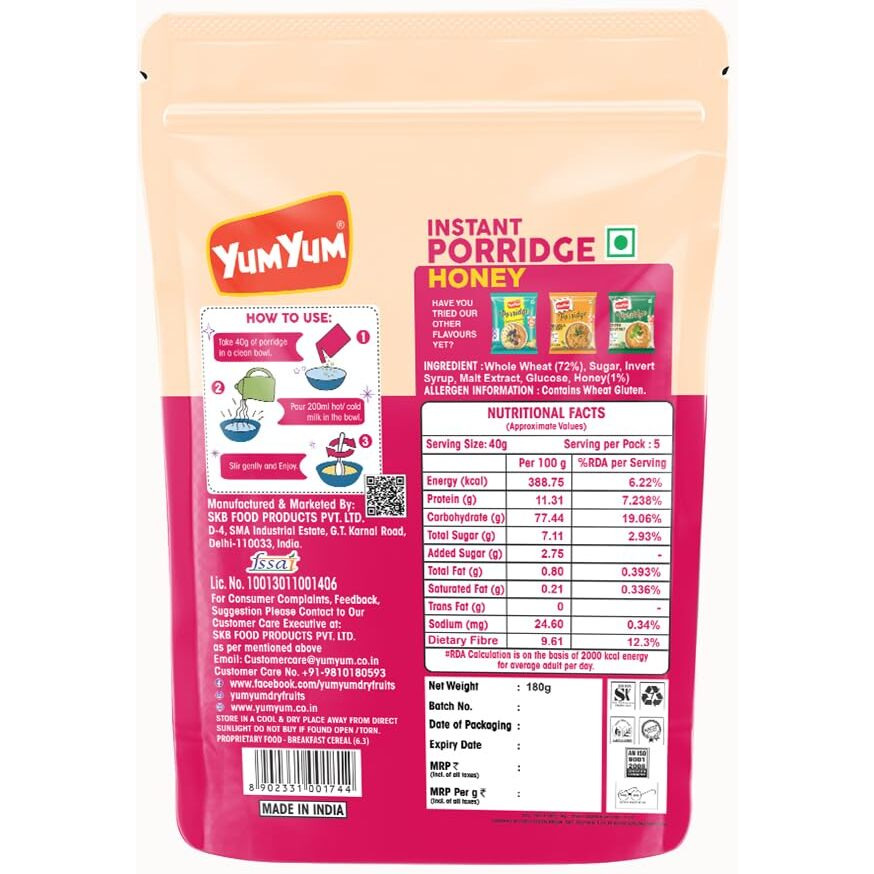 YUM YUM High Fiber Instant Roasted Porridge Honey Flavor with Proteins & Vitamins  360gm (Pack of 2 Box) Nutritious Breakfast Cereals, (Daliya/Dalia)
