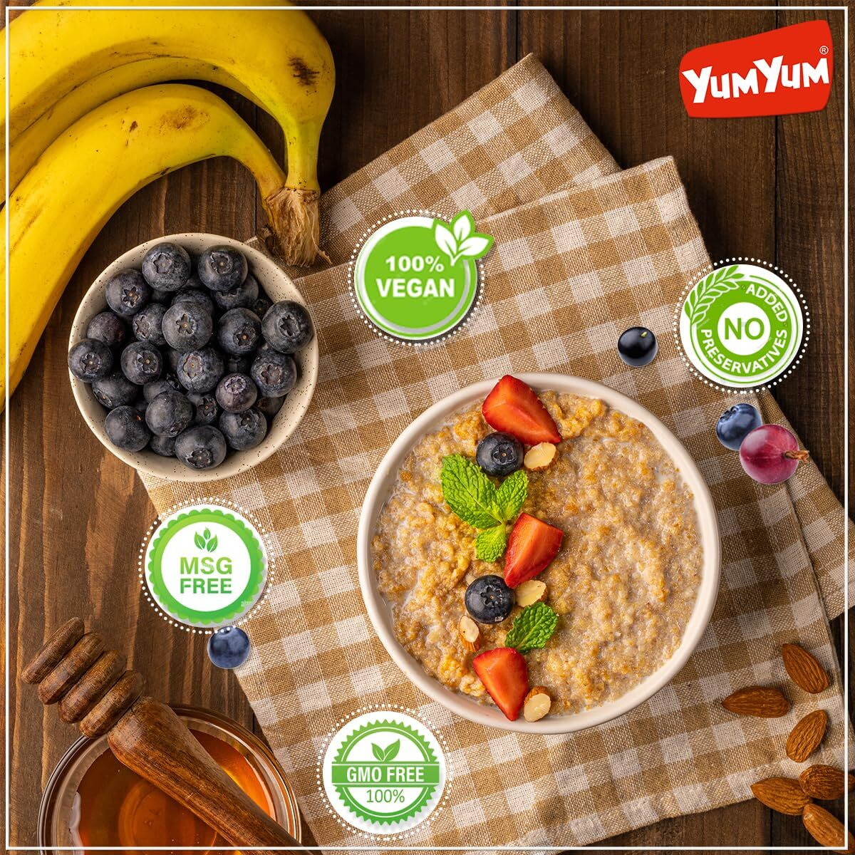 YUM YUM High Fiber Instant Roasted Porridge Honey Flavor with Proteins & Vitamins  360gm (Pack of 2 Box) Nutritious Breakfast Cereals, (Daliya/Dalia)