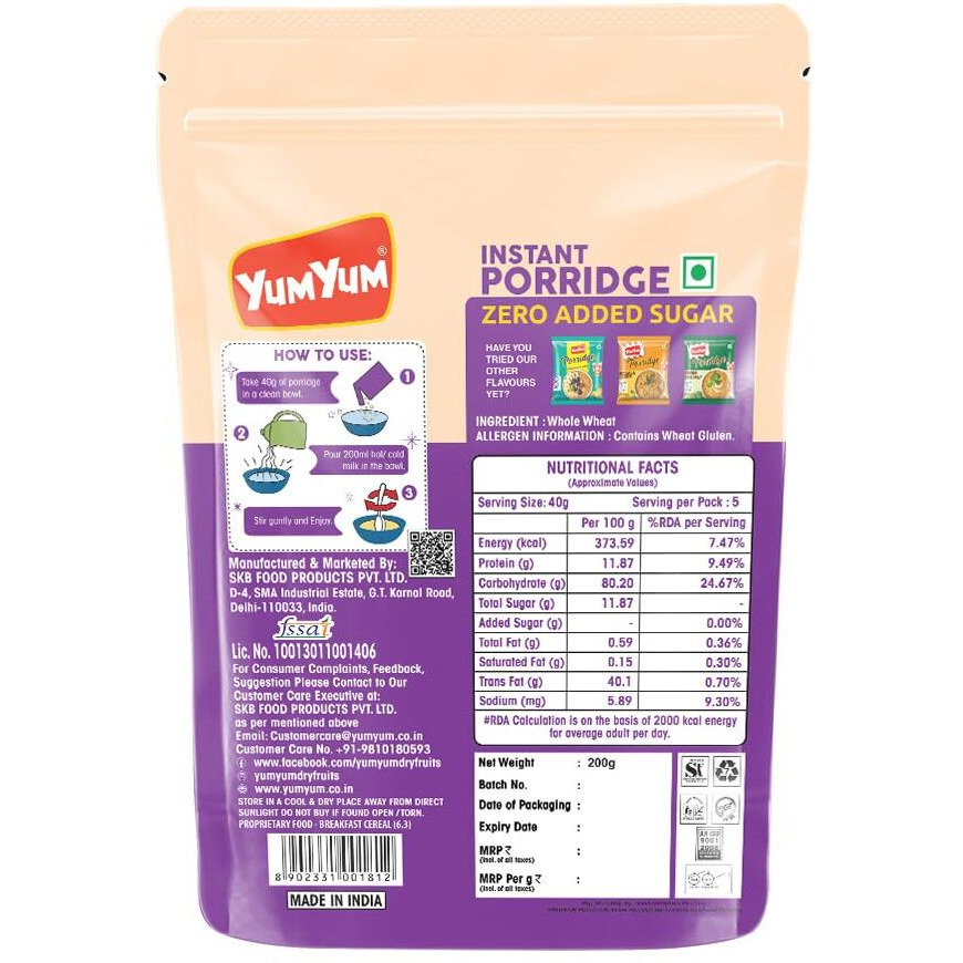 Yum Yum Instant Porridge Sugar Free | 200g | High in Fiber | Low in Fat | Source of Protein | Breakfast Cereal.