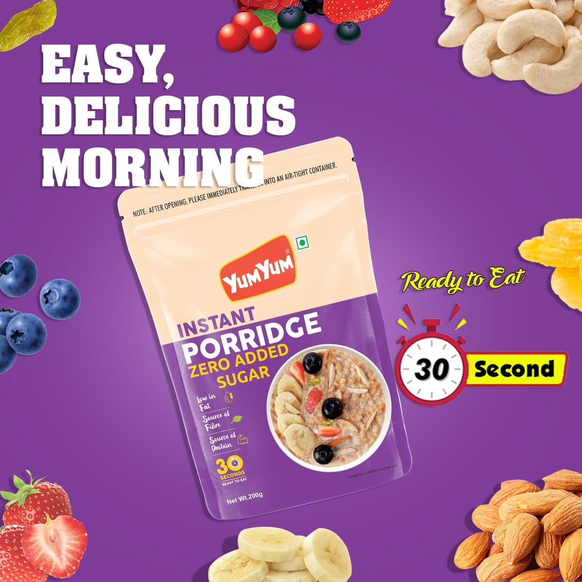 Yum Yum Instant Porridge Sugar Free | 200g | High in Fiber | Low in Fat | Source of Protein | Breakfast Cereal.