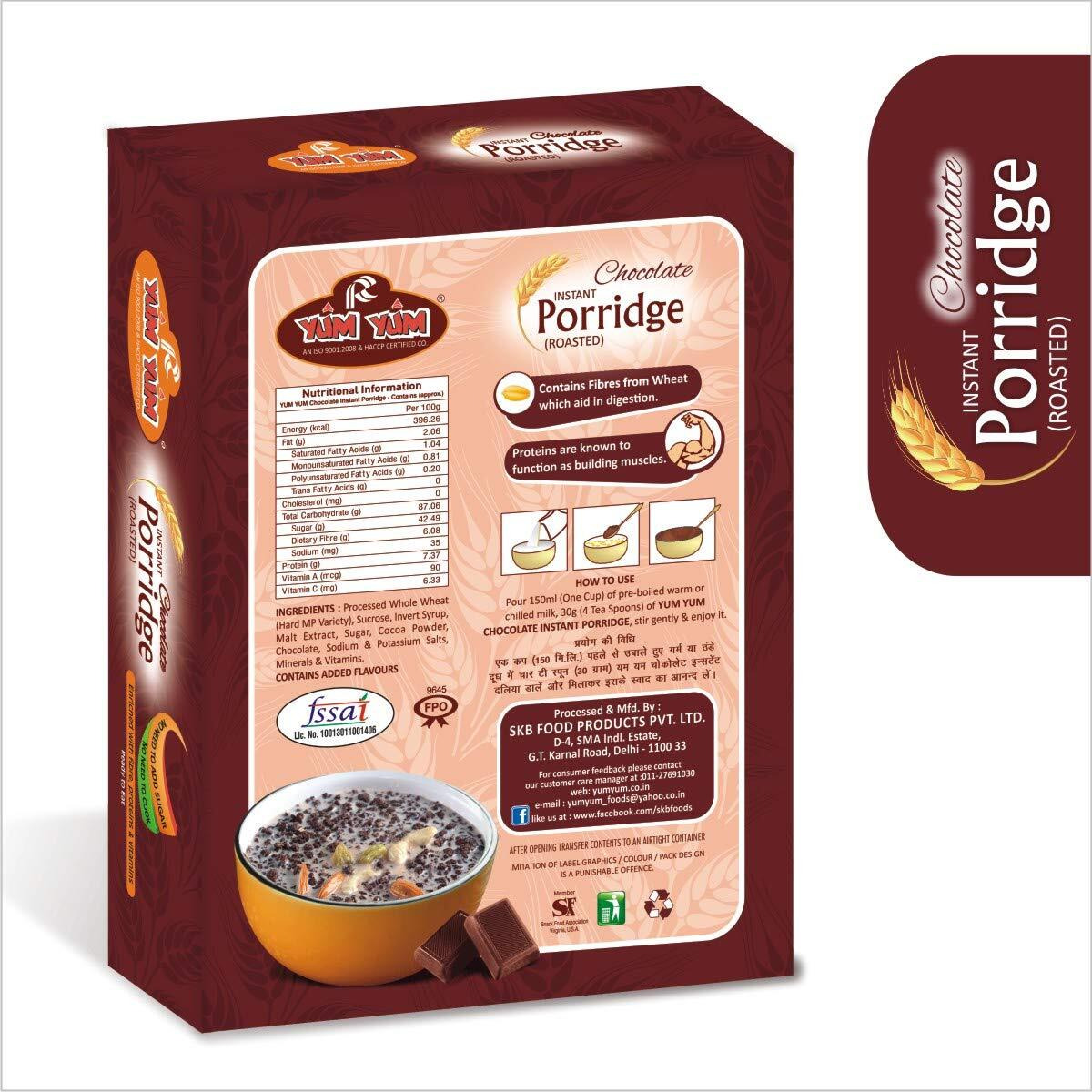 YUM YUM High Fiber Instant Roasted Porridge Chocolate Flavour with Proteins & Vitamins  400gm (Pack of 2-200g Each) Nutritious Breakfast Cereals, (Daliya/Dalia)