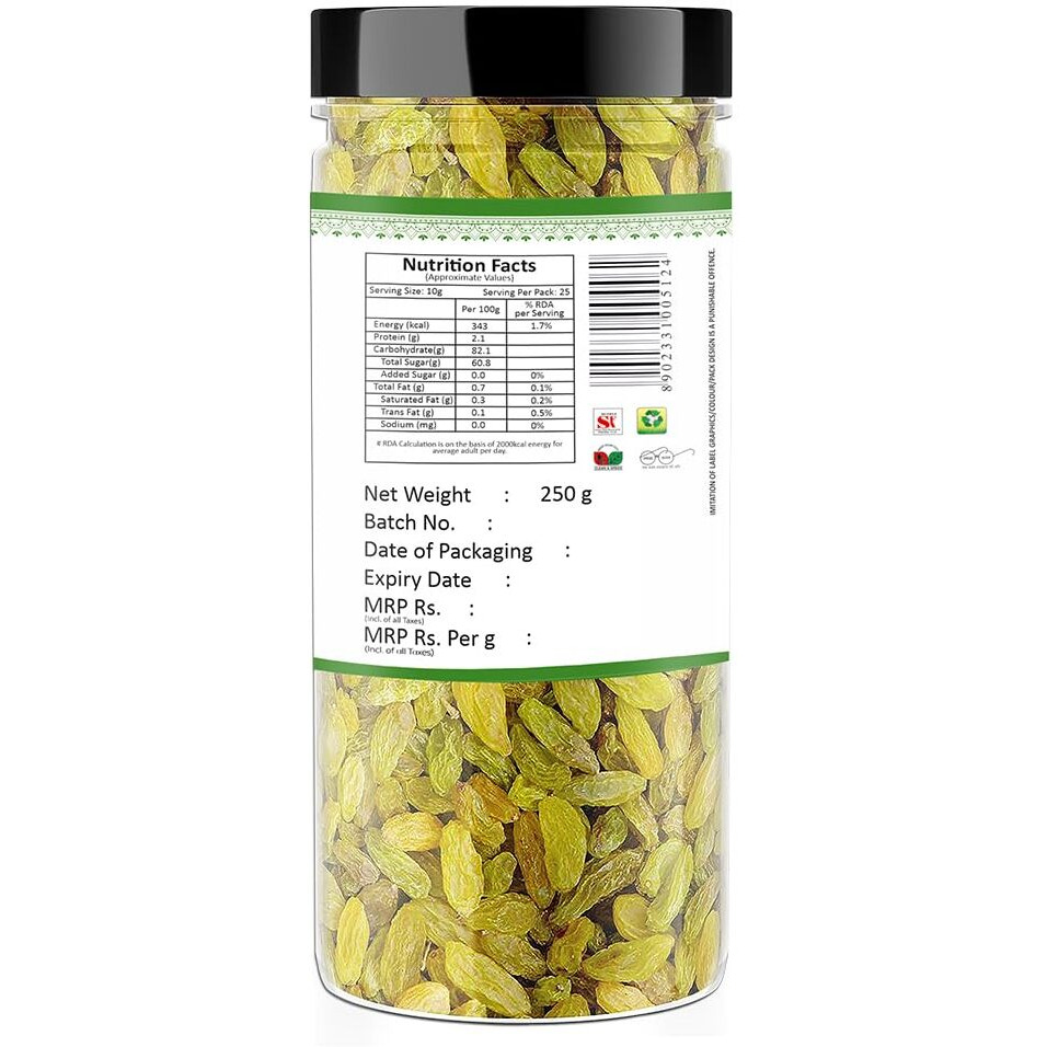 YUM YUM Premium Green Raisins Kishmish Dry Fruits 250g Jar
