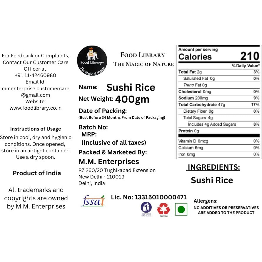 FOOD LIBRARY THE MAGIC OF NATURE Japanese Sushi Rice - 400 Gram