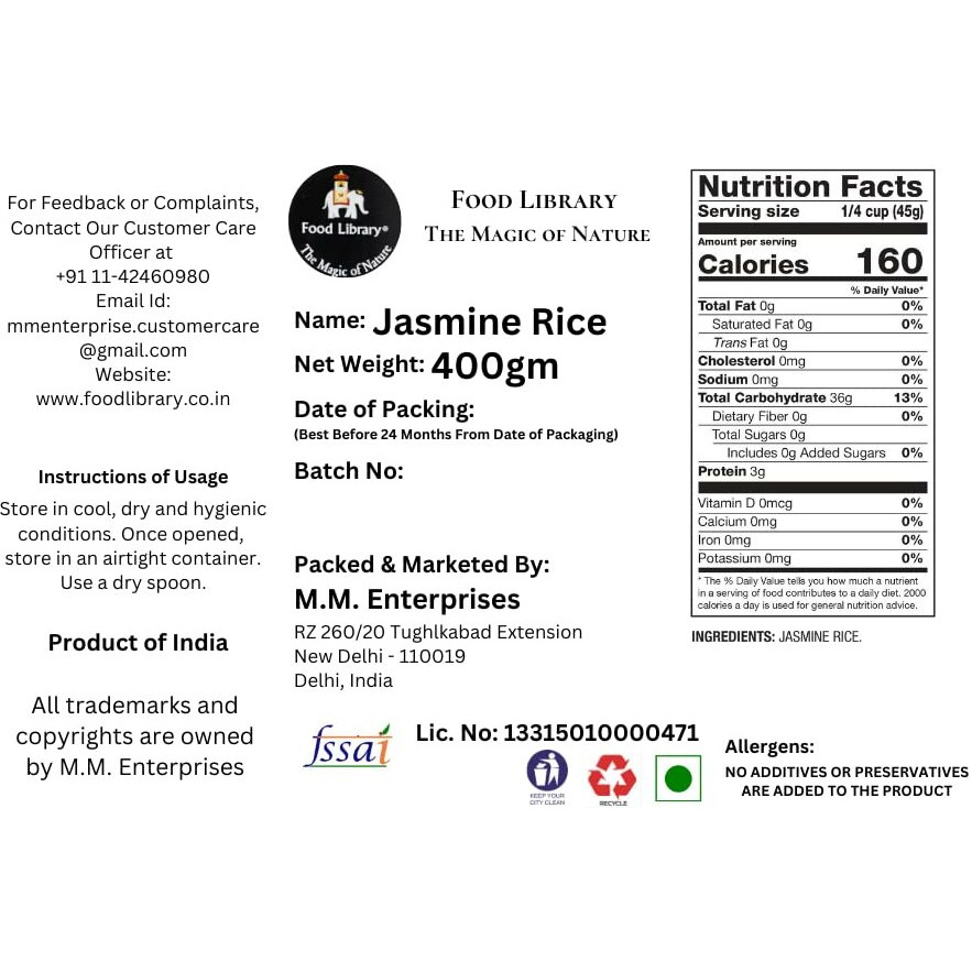 Food Library The Magic Of Nature Fragrant Jasmine Rice - Aromatic Elegance for Exquisite Meals 400gm