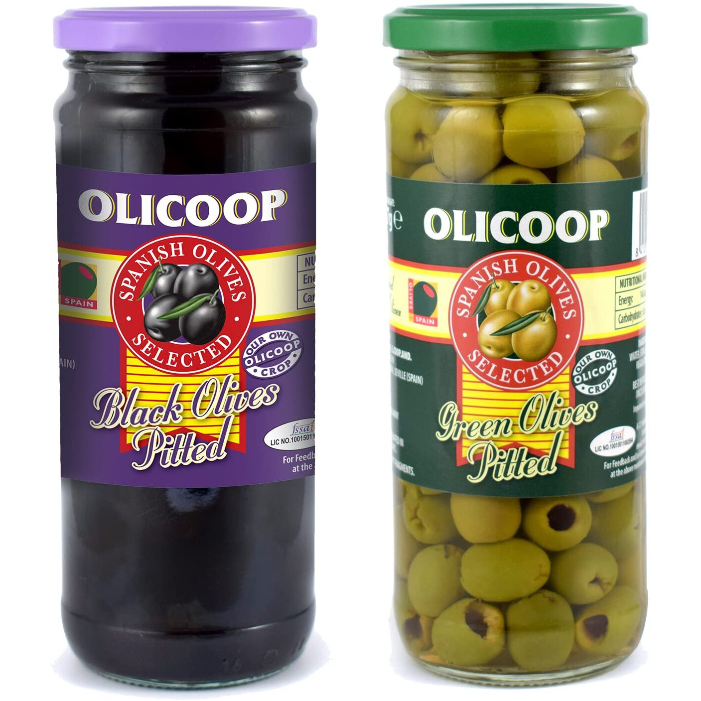 Olicoop Black Pitted Olives + Green Pitted Olives, 450g, Pack of 1 Unit Each, for Authentic Taste in Cooking, Snacking, Pizzas toppings or Italian Pastas Ingredient
