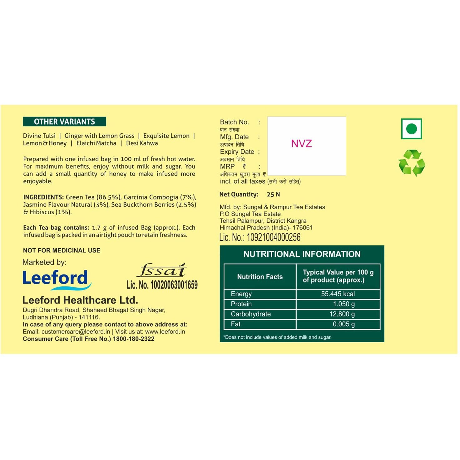 LEEFORD Green Tea Aqua Slim For Weight Loss With Healthy Benefits Pack Of 2 (25 Bags) - 1.7 Gram