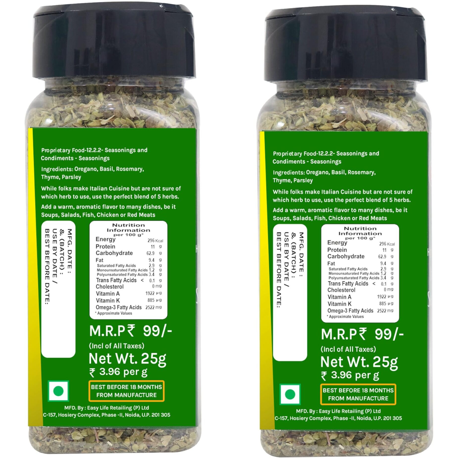Easy Life Combo of Italian Seasoning 25g [Pack of 2 Mix Herbs seasonings for Whole Wheat Pasta fusilli Pizza sauces Olive Oil dressings and toppings]
