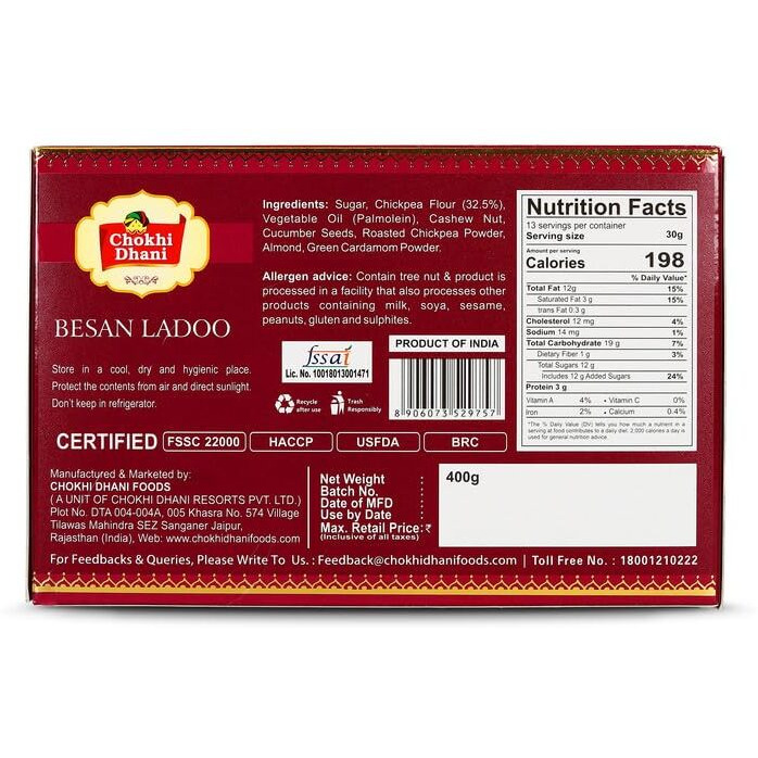 Chokhi Dhani Besan Ladoo, Ready To Eat Indian Dessert, Instant Sweet Premix, Traditional Mithai (Pack Of 1, 400 Gram)