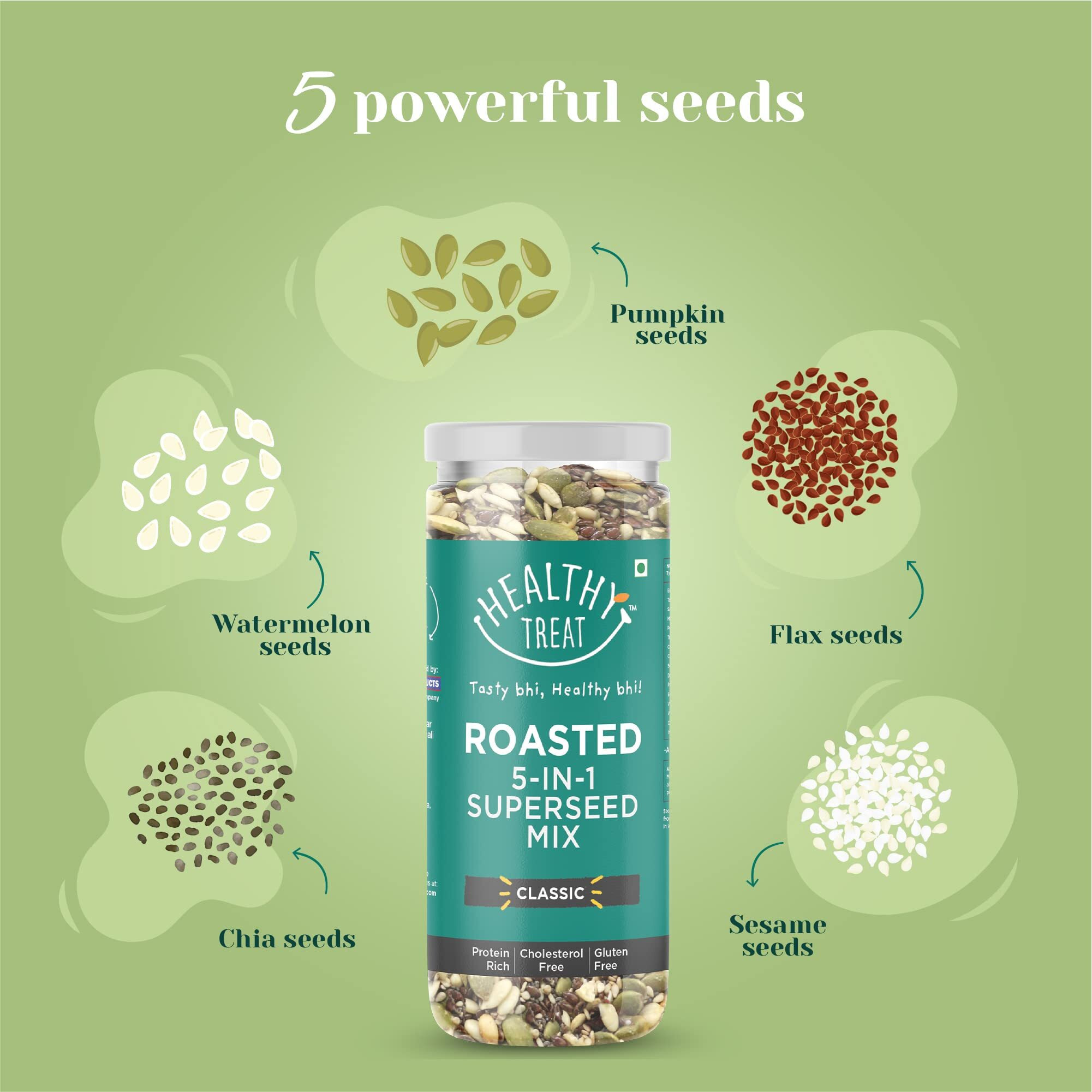Healthy Treat Roasted 5 in 1 Super Seeds Mix 250 gm) | Trail Mix | Seeds Mix | Roasted Seeds Mix for eating | A blend of Pumpkin seeds, Flax seeds, Watermelon seeds, Chia seeds, and Sesame seeds | Mixed Seeds for Weight Loss | Healthy Diet Snacks