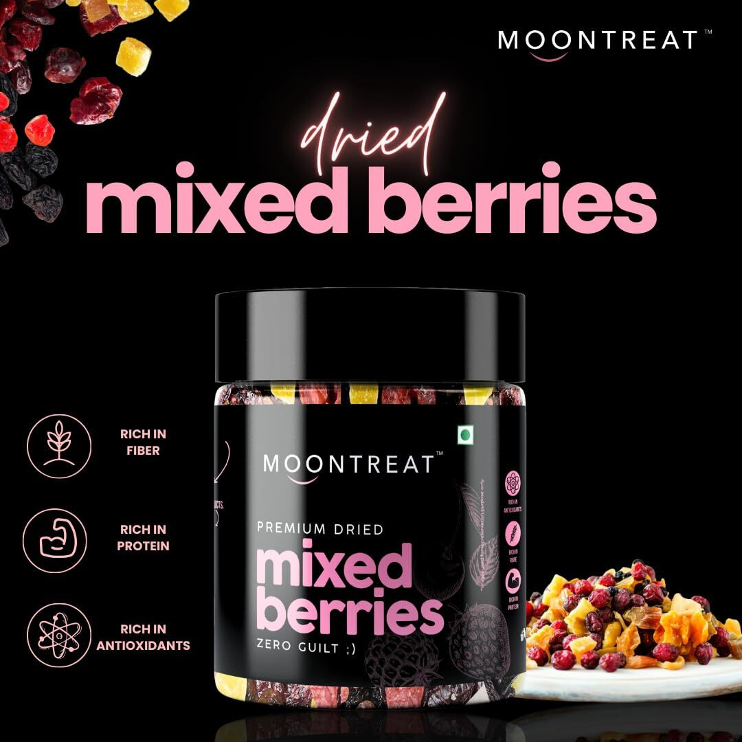 Moontreat Premium Mixed Berries, Unsalted, 360 gm (Dried Blueberry, Cranberry, Black Currant, Strawberry, Cherry, Mango, Raisin) | Antioxidant Rich | Healthy Snack for Kids and Adults