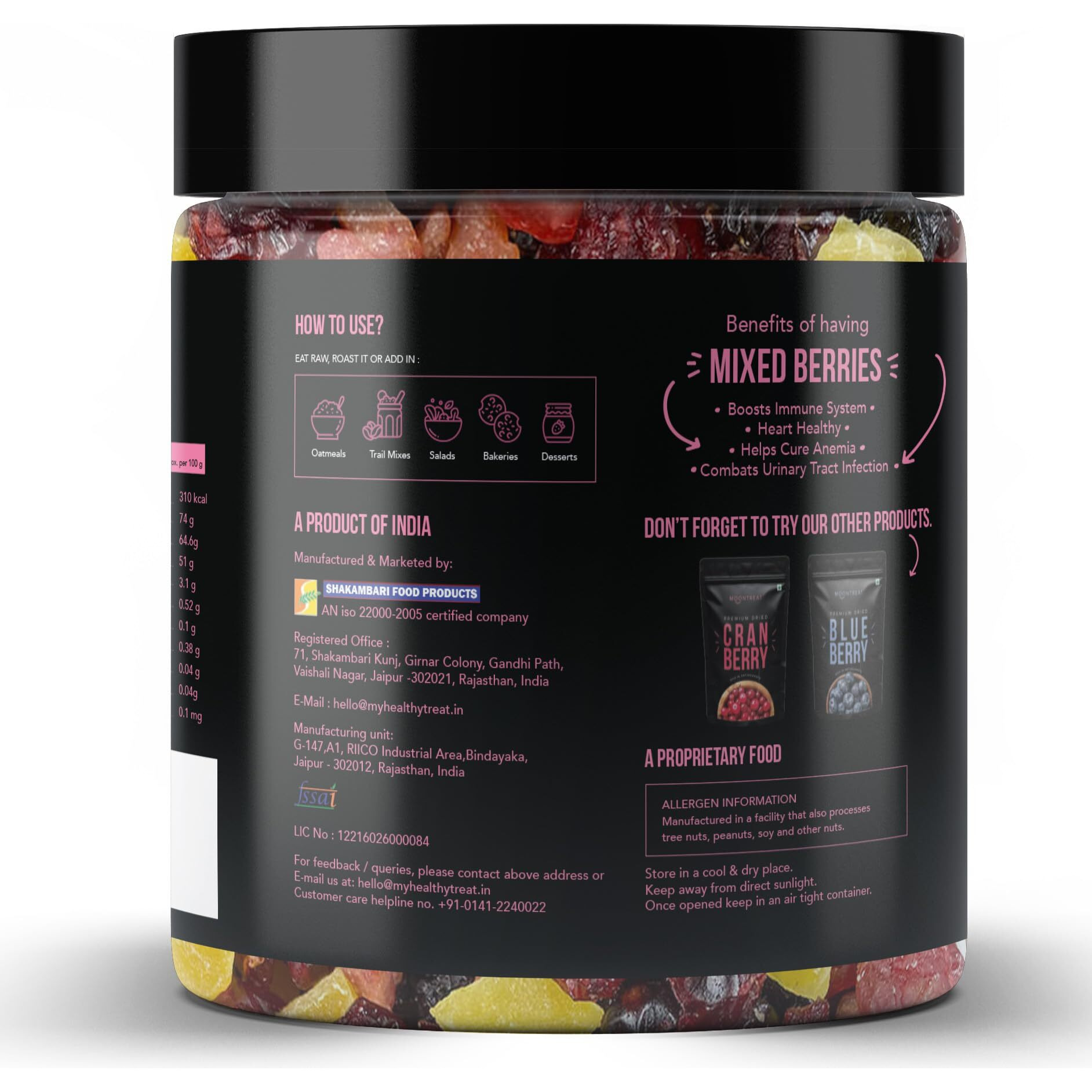 Moontreat Premium Mixed Berries, Unsalted, 360 gm (Dried Blueberry, Cranberry, Black Currant, Strawberry, Cherry, Mango, Raisin) | Antioxidant Rich | Healthy Snack for Kids and Adults