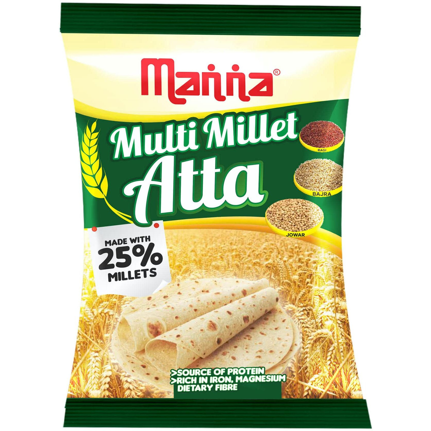 Manna Multigrain Atta/Multi Millet Atta 1Kg | Diabetic Friendly | Low GI Wheat Flour with 25% Millets | High Protein & Fibre | Low sugar | For Weight Loss