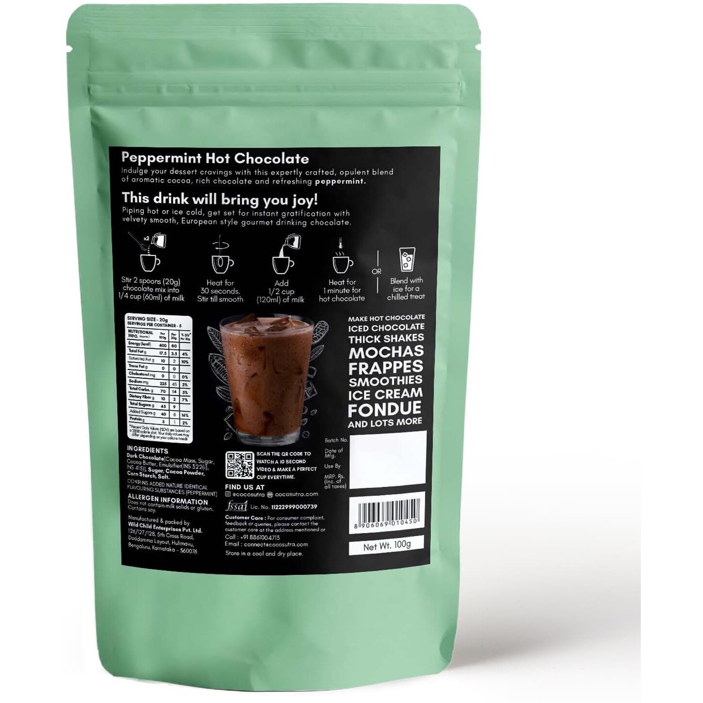 COCOSUTRA Peppermint Hot Chocolate Mix | Enjoy hot or cold | 100 gm | 100% Natural & Vegan Drinking Chocolate | Serves 4 Cups