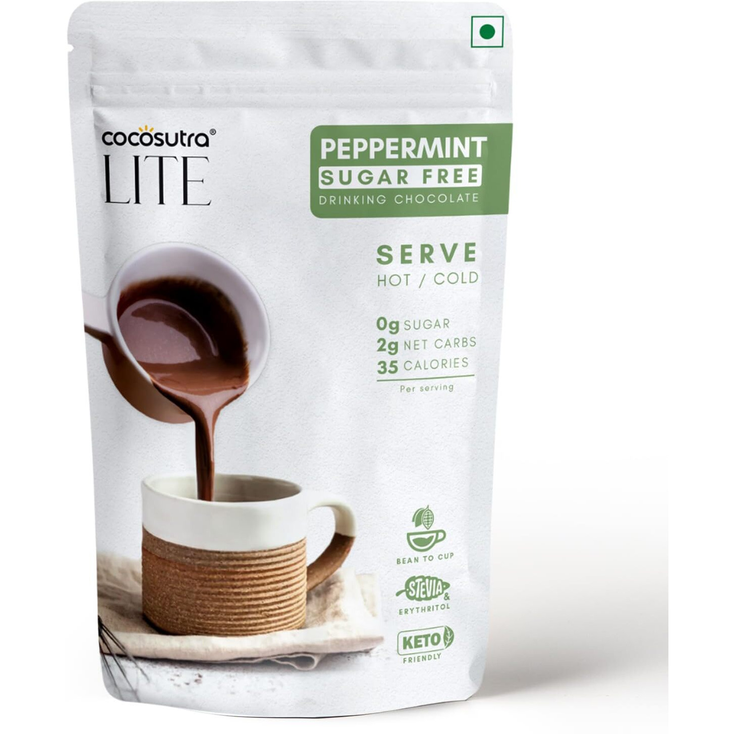 COCOSUTRA LITE - SUGAR FREE Drinking Chocolate Mix - Peppermint | Zero Sugar, Low Carb, Low Calorie | Stevia & Erythritol based | Keto Friendly Drink | Vegan | Enjoy hot or cold | 200 g