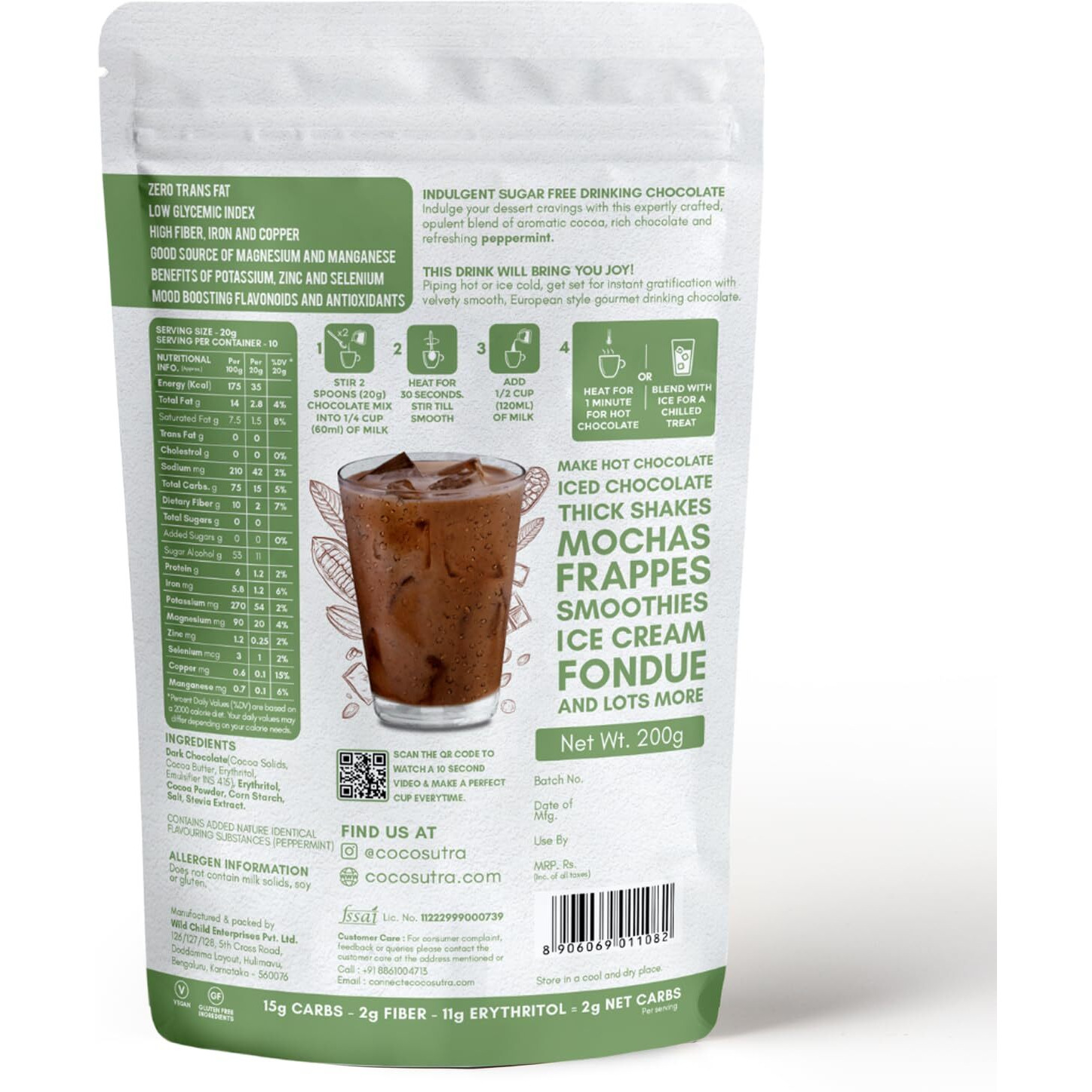 COCOSUTRA LITE - SUGAR FREE Drinking Chocolate Mix - Peppermint | Zero Sugar, Low Carb, Low Calorie | Stevia & Erythritol based | Keto Friendly Drink | Vegan | Enjoy hot or cold | 200 g