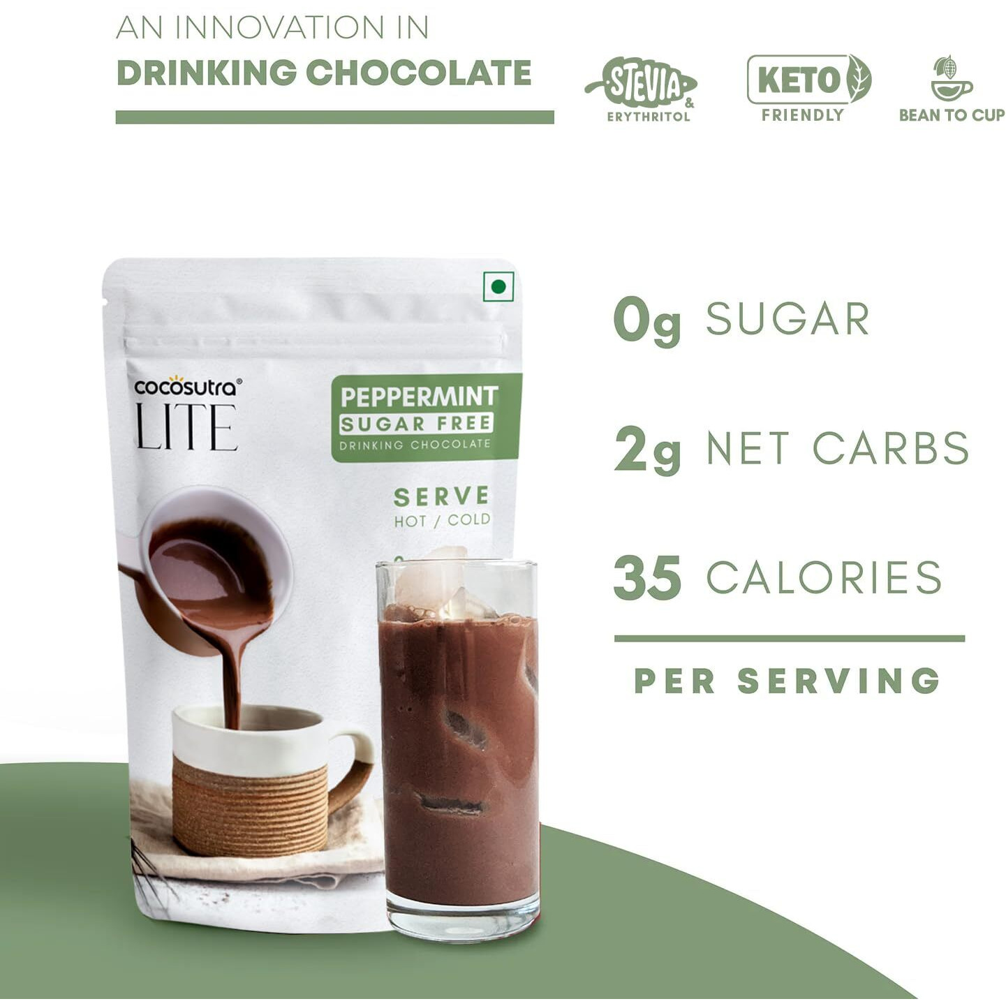 COCOSUTRA LITE - SUGAR FREE Drinking Chocolate Mix - Peppermint | Zero Sugar, Low Carb, Low Calorie | Stevia & Erythritol based | Keto Friendly Drink | Vegan | Enjoy hot or cold | 200 g