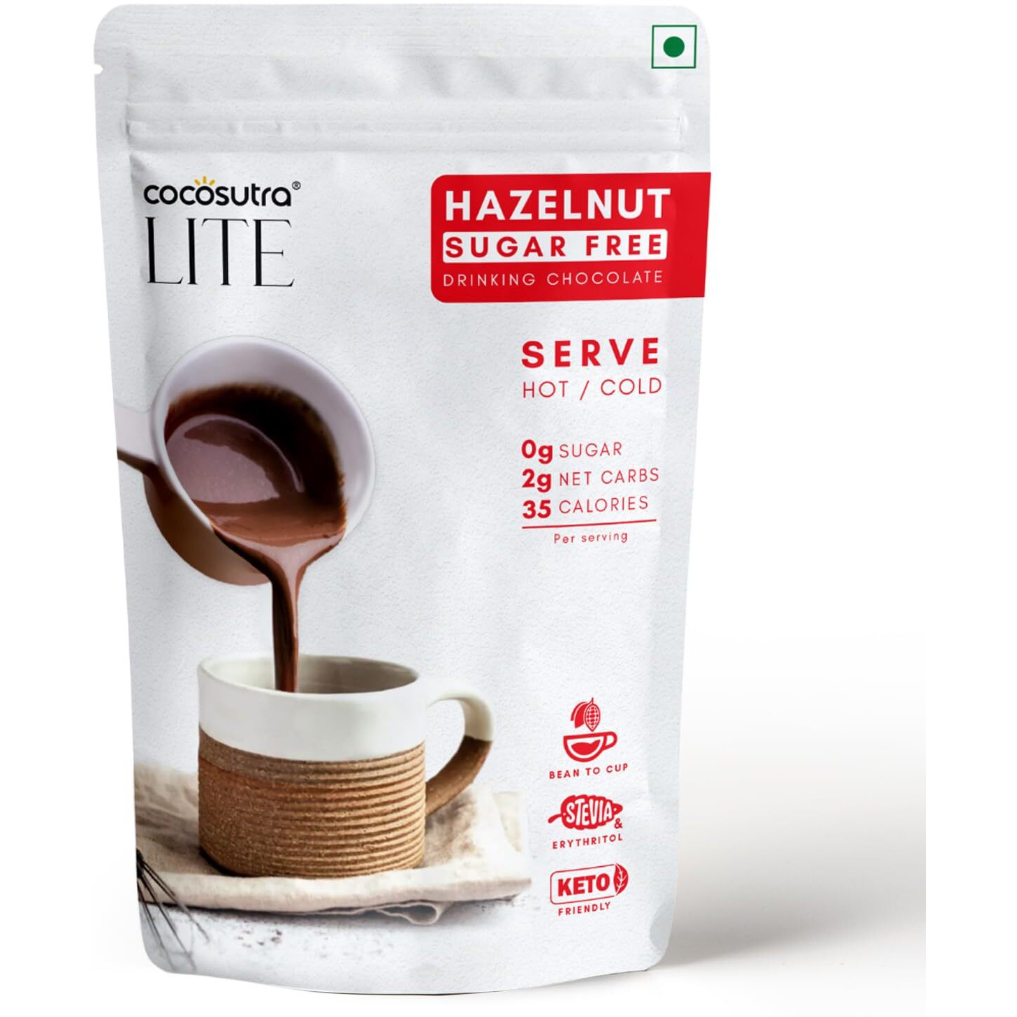 COCOSUTRA LITE - SUGAR FREE Drinking Chocolate Mix - Hazelnut | Zero Sugar, Low Carb, Low Calorie | Stevia & Erythritol based | Keto Friendly Hot Chocolate | Vegan | Enjoy hot or cold | 200 g