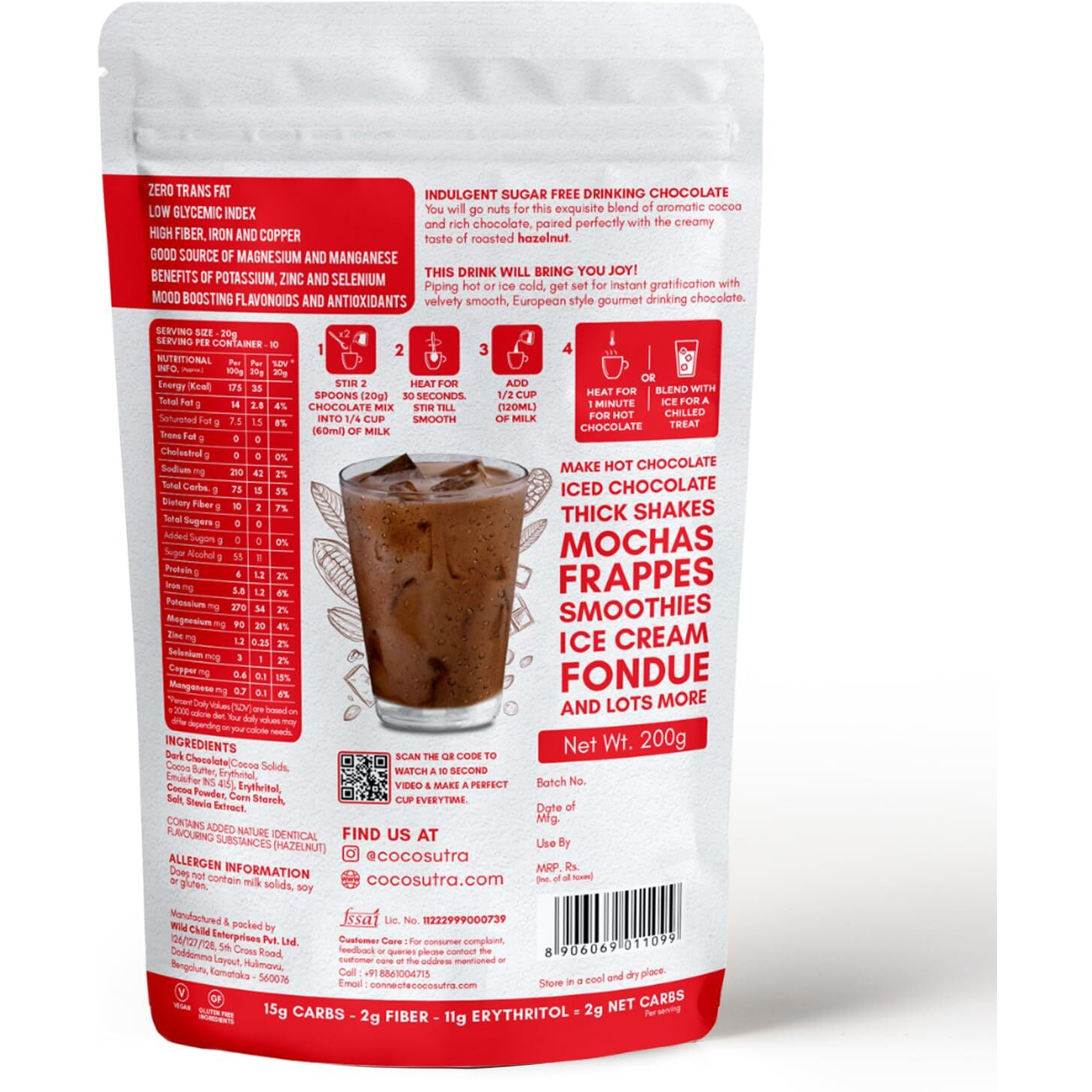COCOSUTRA LITE - SUGAR FREE Drinking Chocolate Mix - Hazelnut | Zero Sugar, Low Carb, Low Calorie | Stevia & Erythritol based | Keto Friendly Hot Chocolate | Vegan | Enjoy hot or cold | 200 g