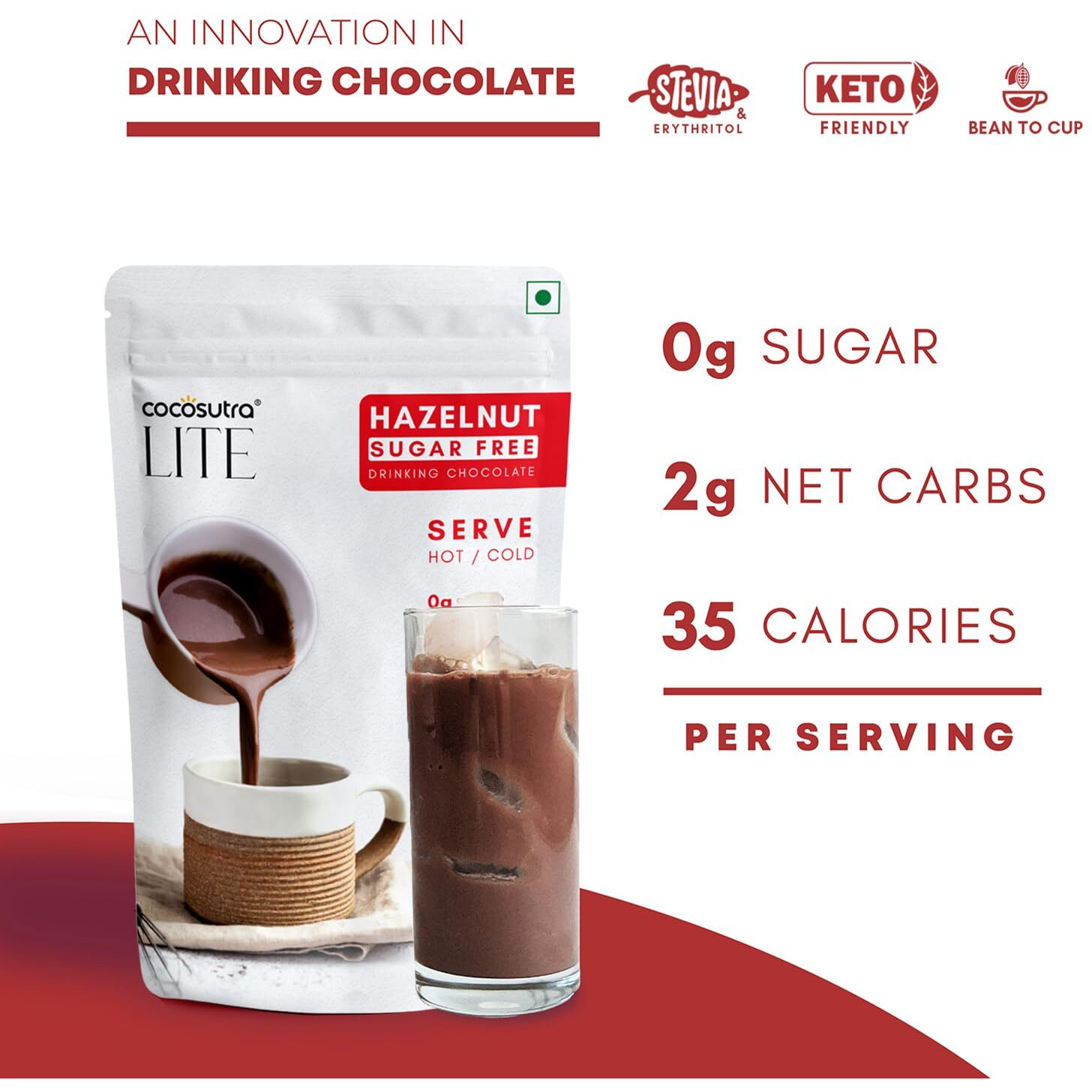 COCOSUTRA LITE - SUGAR FREE Drinking Chocolate Mix - Hazelnut | Zero Sugar, Low Carb, Low Calorie | Stevia & Erythritol based | Keto Friendly Hot Chocolate | Vegan | Enjoy hot or cold | 200 g
