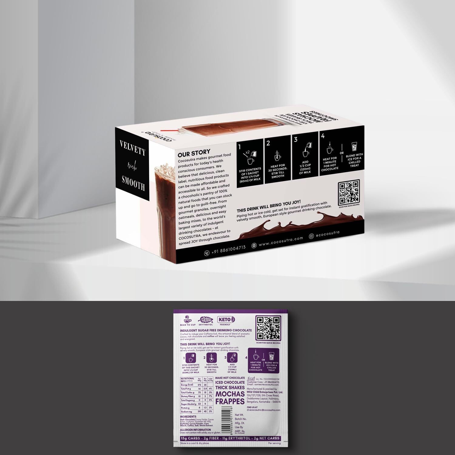 Cocosutra LITE Sugar Free Drinking Chocolate | Travel Friendly Gift Hamper | Mocha Hot Chocolate | 20 Single Serves | Low Carb, Low Calorie | Stevia & Erythritol based | Vegan | 400g