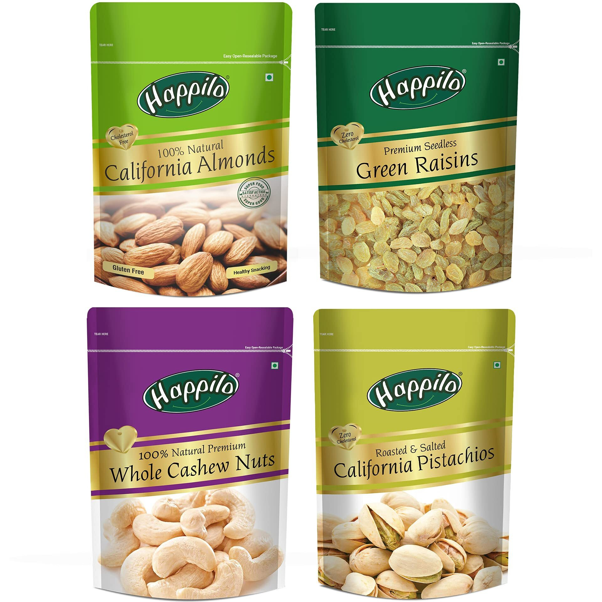 Happilo Premium Dry Fruits Combo Pack of 4 | California Almonds, Green Raisins, Whole Cashews, Raosted Pistachios | Total 850 g | Healthy Dry Fruits Snacks | Kaju, Kismis, Pista & Badam Combo