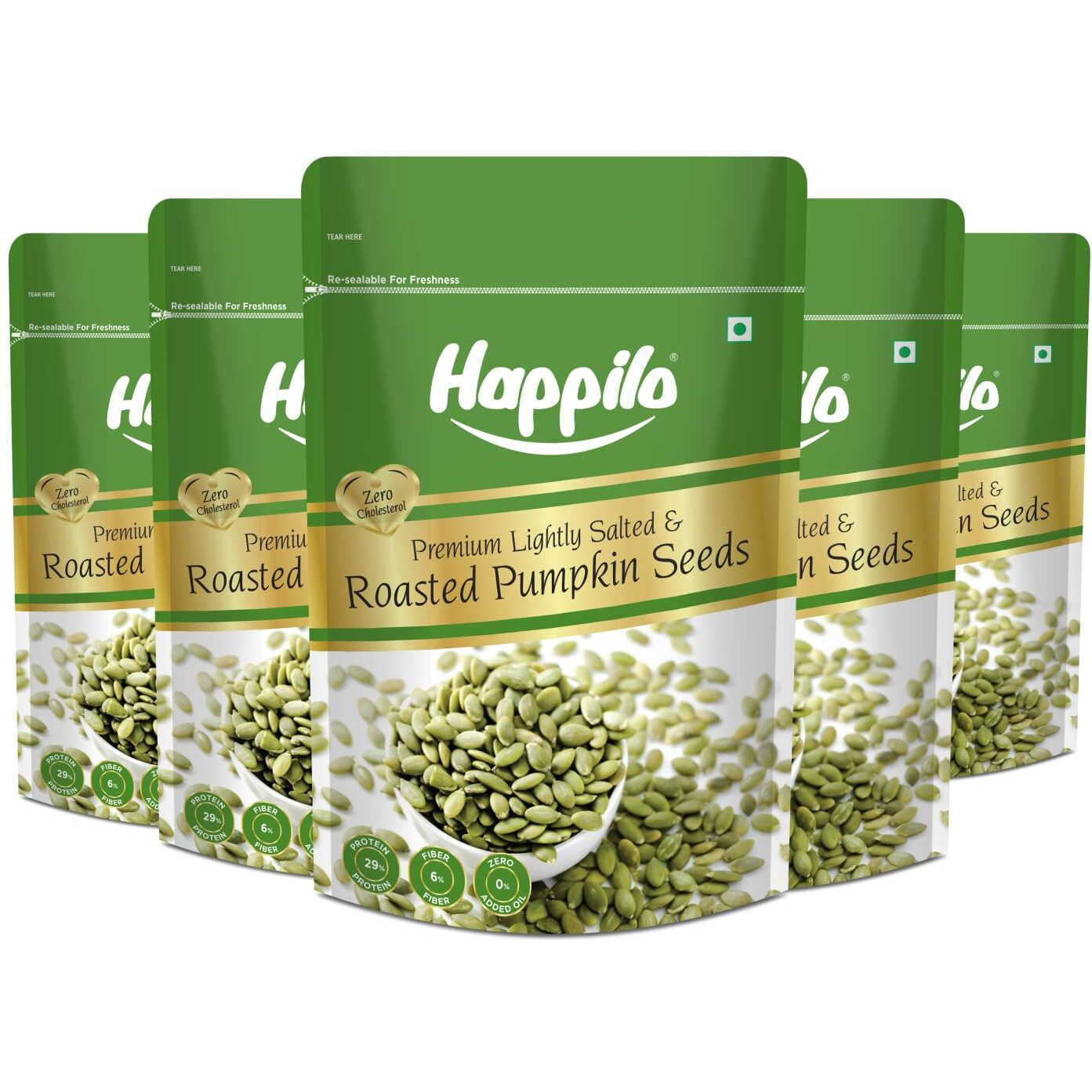 Happilo Premium Roasted Pumpkin Seeds for Eating 200g each (Pack of 5), Lightly Salted for Healthy Diet, Immunity Booster and Fiber Rich Superfood