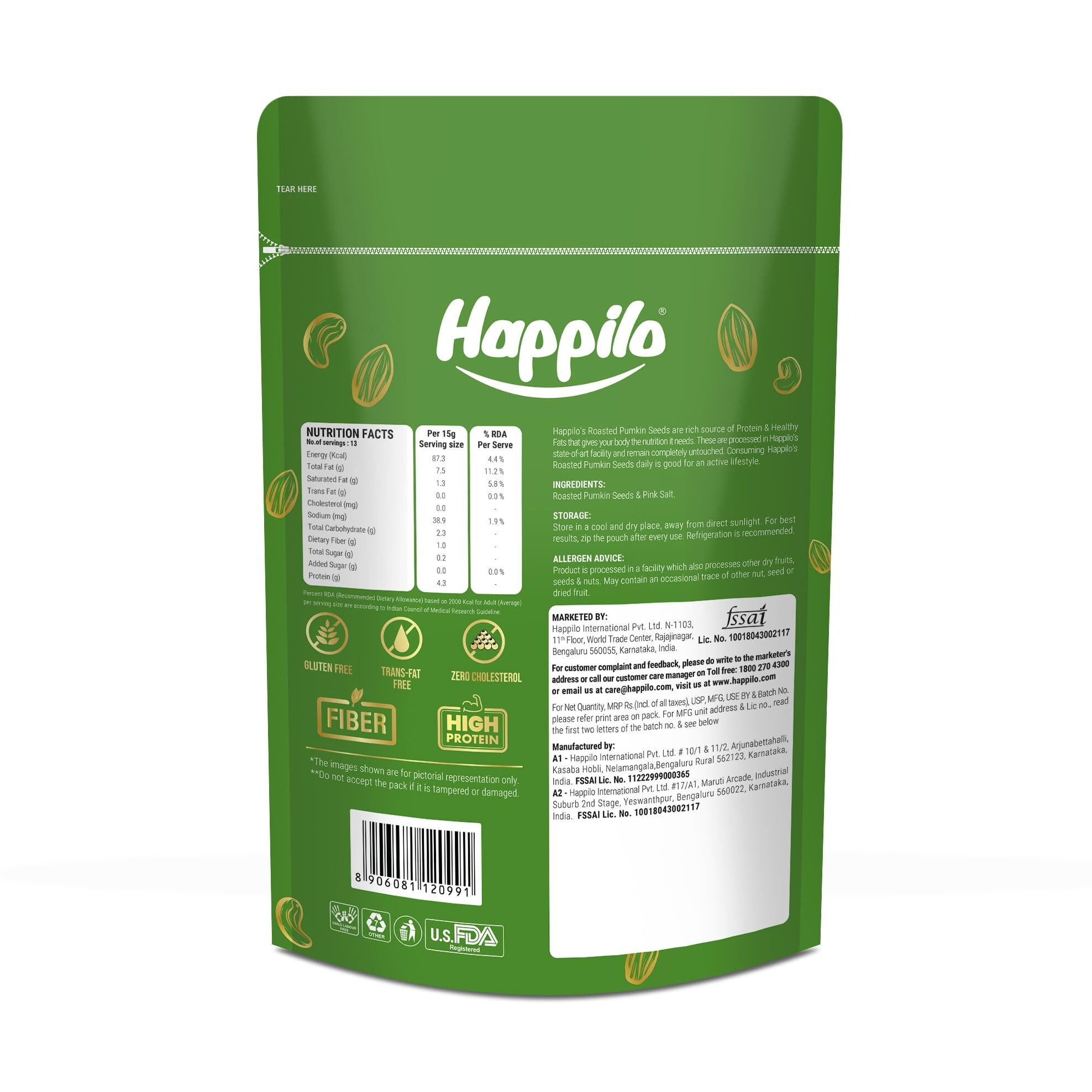 Happilo Premium Roasted Pumpkin Seeds for Eating 200g each (Pack of 5), Lightly Salted for Healthy Diet, Immunity Booster and Fiber Rich Superfood