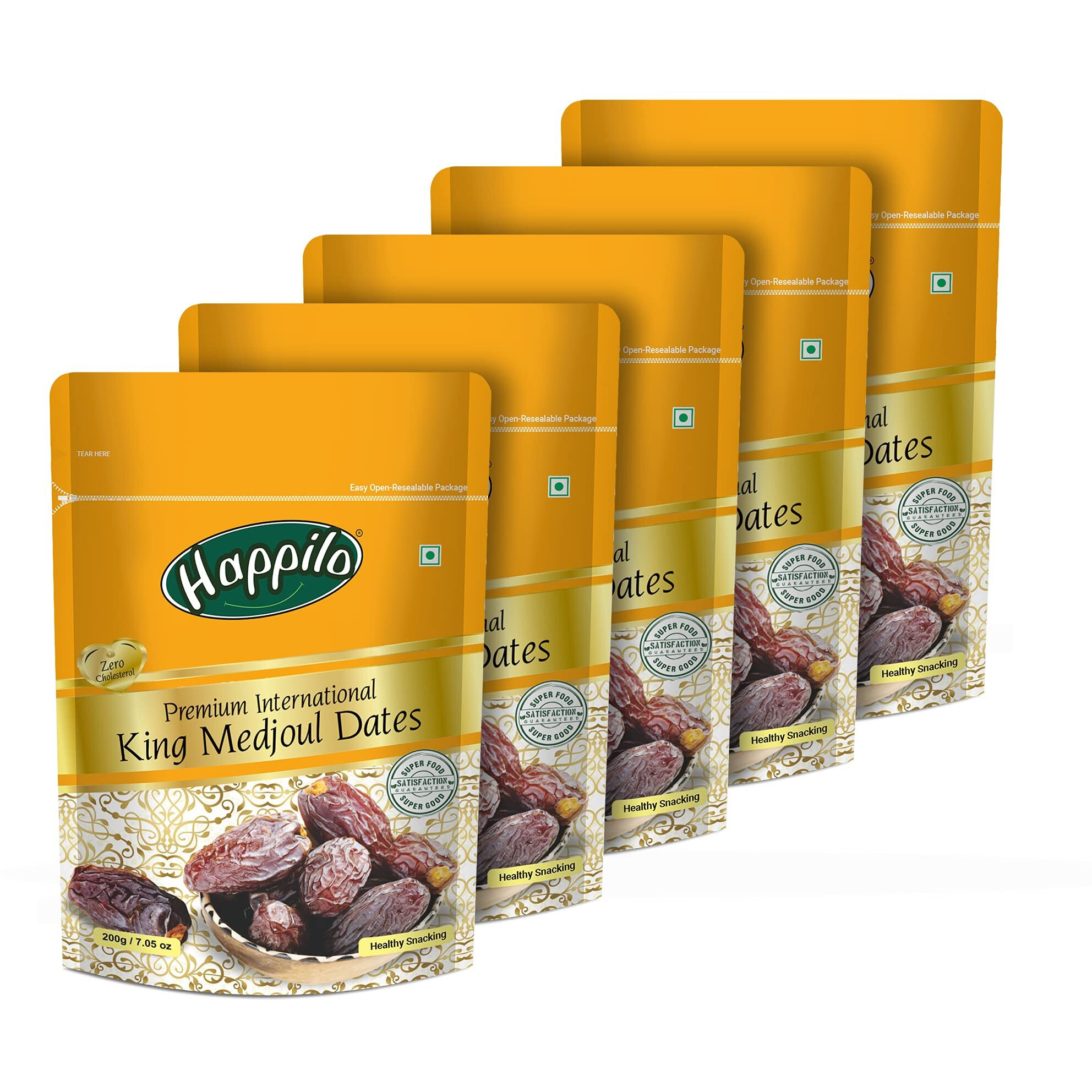 Happilo Premium International King Medjoul Dates 200 g Each (Pack of 5) | Khajoor Dry Fruit for Weight Management | Soft Chewy Texture & Sweet Caramel Taste | Gluten free & Zero Transfat