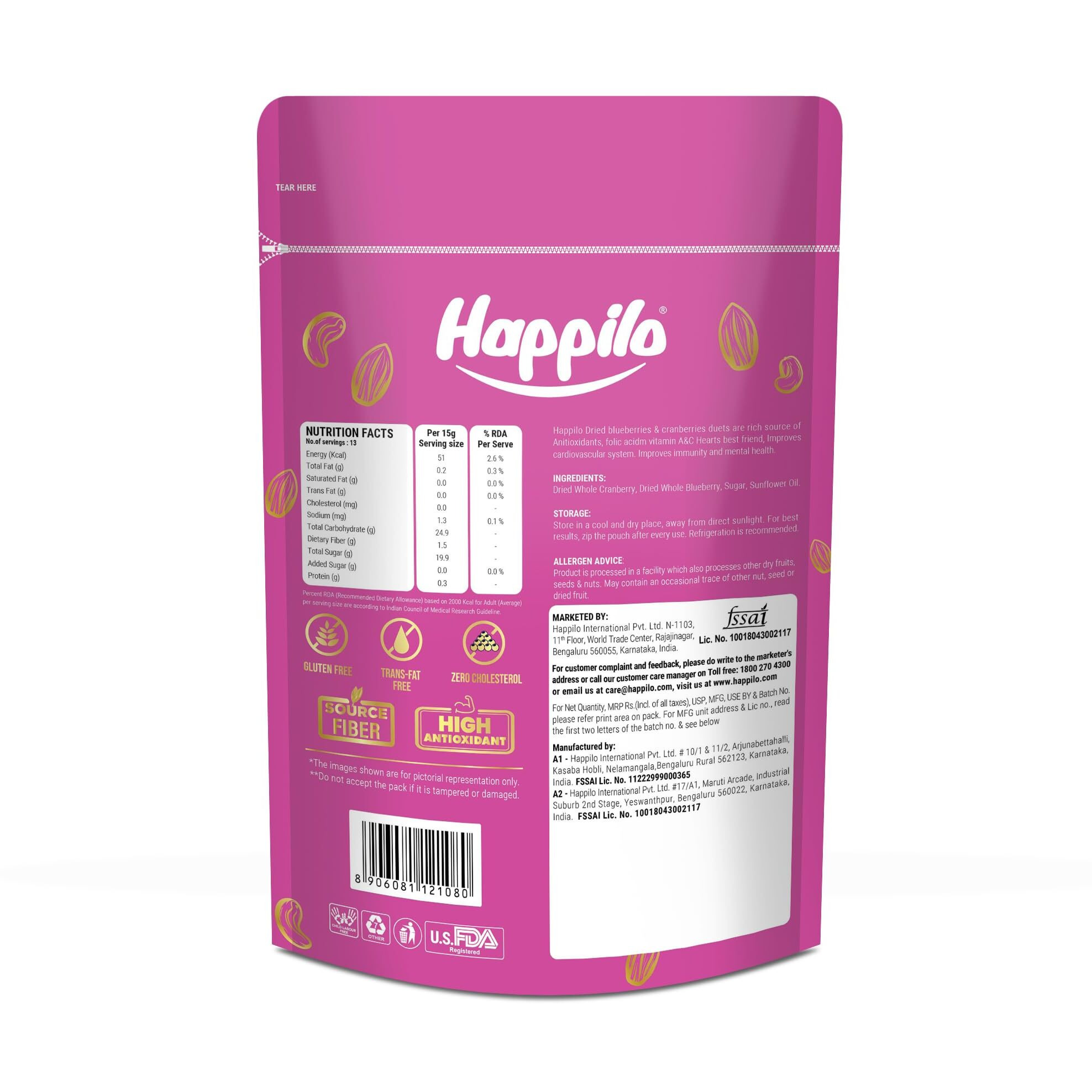 Happilo Premium Dried Blueberry Cranberry Duet 400g (760)