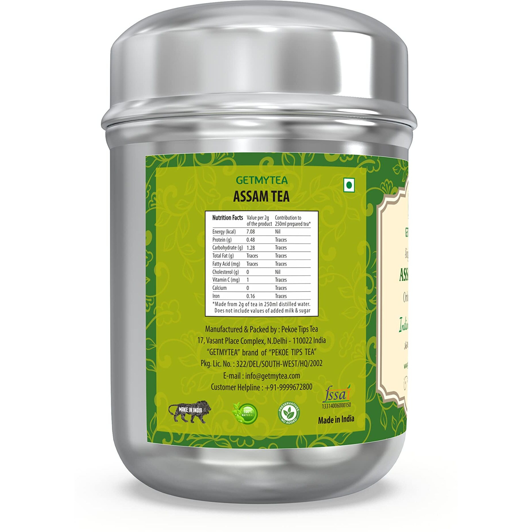 Getmytea Assam Tea | Orthodox Long Leaf Tea | Assam Black Tea Leaf in Reusable Stainless Steel Can 100g | Strong Tea with High Flavor | TGFOP Grade | 50+ Cups