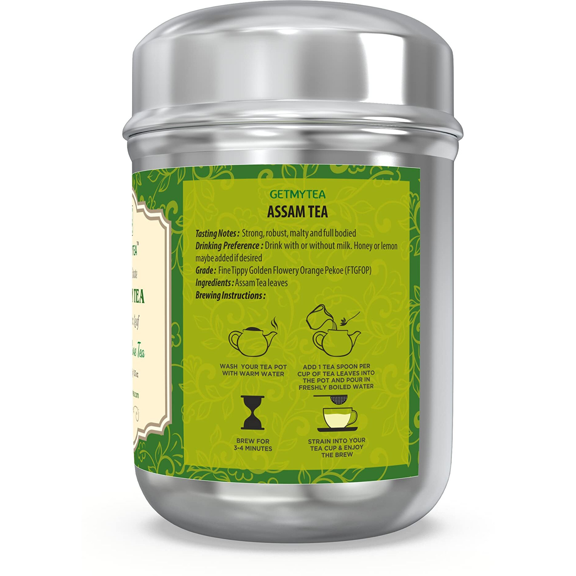 Getmytea Assam Tea | Orthodox Long Leaf Tea | Assam Black Tea Leaf in Reusable Stainless Steel Can 100g | Strong Tea with High Flavor | TGFOP Grade | 50+ Cups