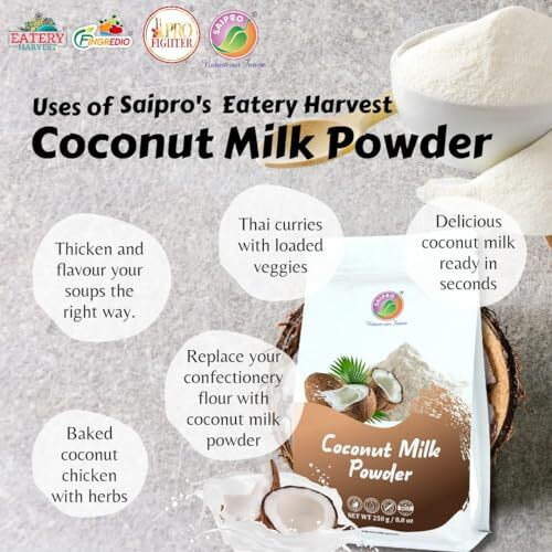 SAIPRO Coconut Milk Powder 250 g, Dairy Free Instant Coconut Milk Powder creamy and authentic taste of real coconuts, For non-messy, easy Cooking| Gravy Thickener | 100% Natural, Gluten Free