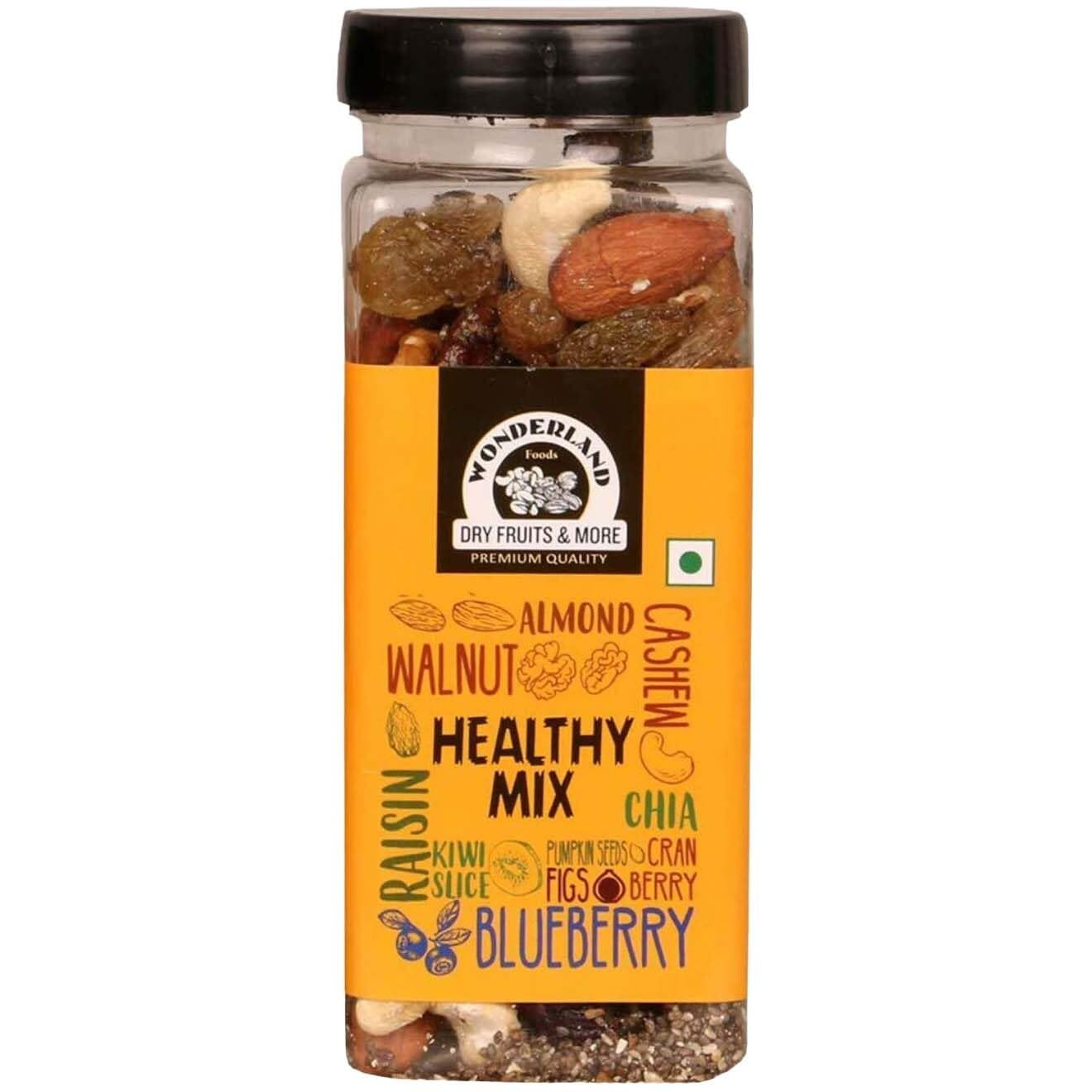 WONDERLAND FOODS Organic Healthy Dry Fruits Mixed Nuts 200g Jar | 10 in 1 Pack Contains Blueberries, Cranberries, Dried Anjeer, Dried Kiwi, Chia Seeds, Pumpkin Seeds, Almonds, Cashews, Raisins, Walnut
