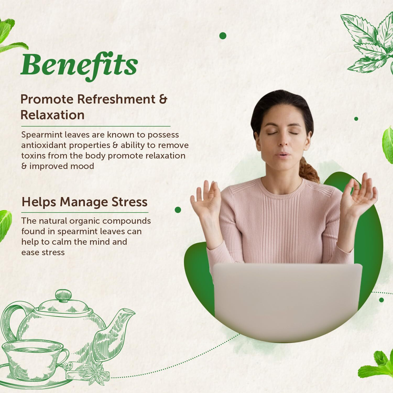 Neuherbs Spearmint Tea 100g (Pack of 1) Herbal Loose Leaf Tea To Promote Refreshment & Manage Stress | 100% Clean, Natural & Pure | Rich In Antioxidant | Caffeine Free Tea