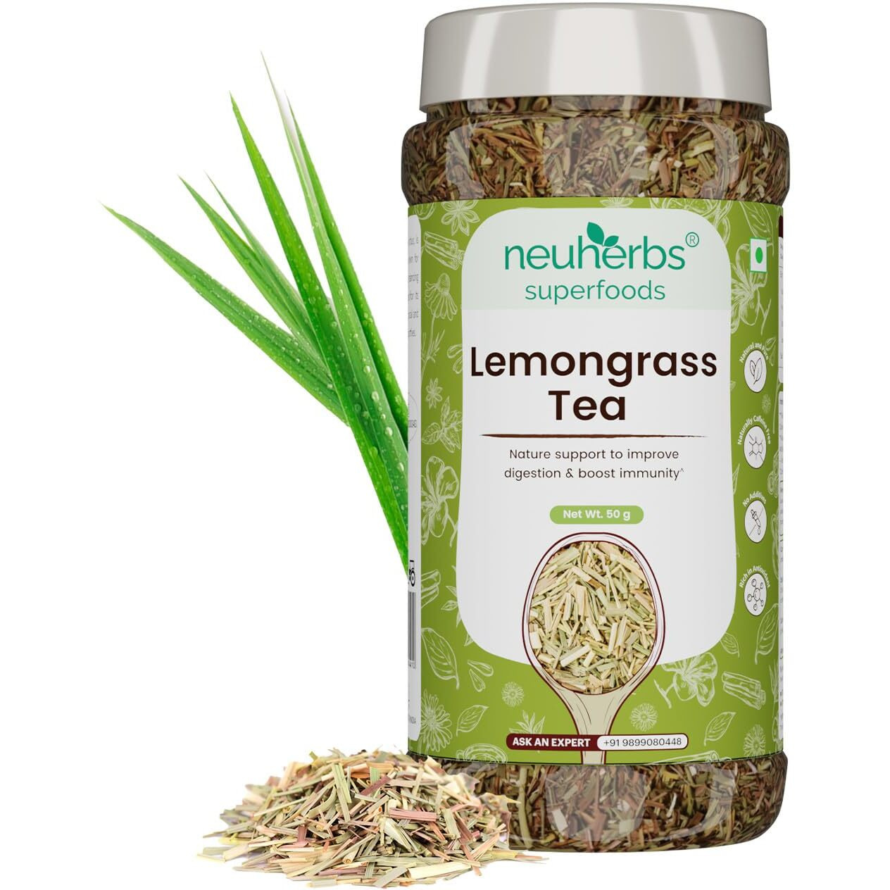 Neuherbs Lemongrass Tea Leaves 50g (Pack of 1) Herbal Loose Leaf Tea To Improves Digestion and Boost Immunity | 100% Clean, Natural & Pure | Rich in Antioxidants | Caffeine Free Tea