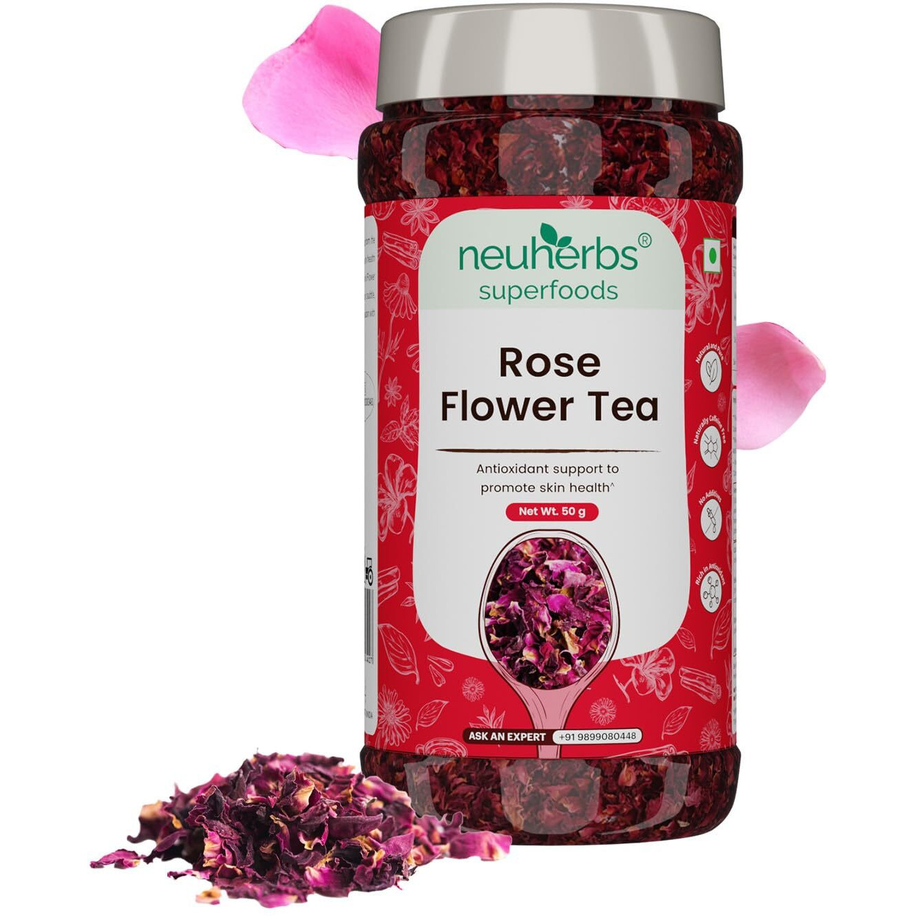 Neuherbs Rose Flower Tea 50g (Pack of 1) | Promote Skin Glow | 100% Clean, Natural & Pure | Rich In Antioxidant | Caffeine Free Tea