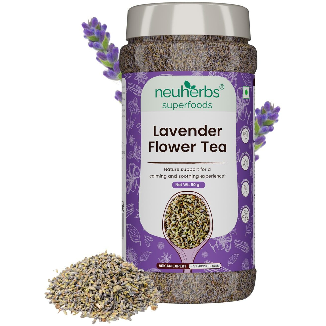 Neuherbs Lavender Tea 50g (Pack of 1) | Herbal Loose Leaf Tea To Promote Relaxation & Soothing Experience | 100% Clean, Natural & Pure | Rich In Antioxidant | Caffeine Free Tea