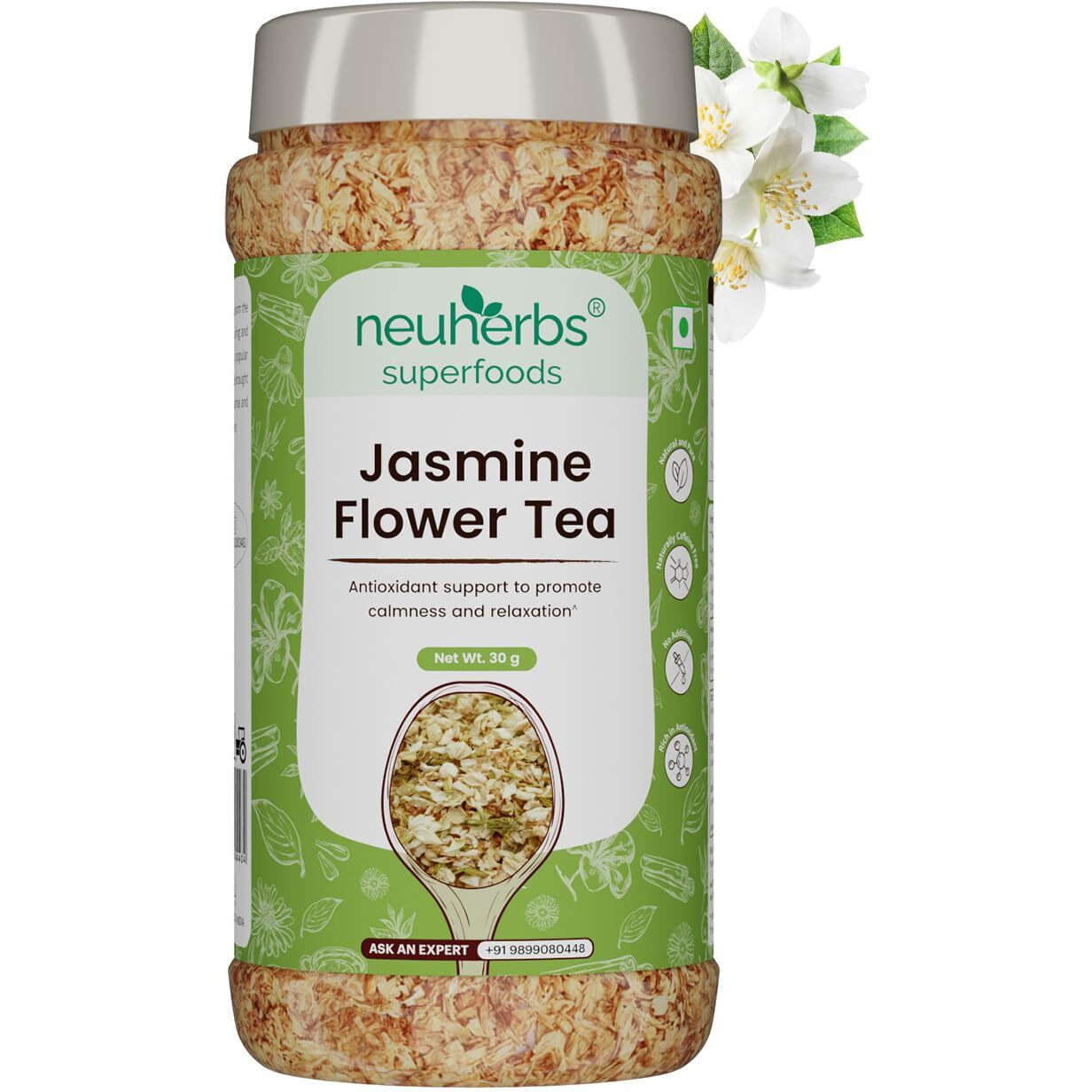Neuherbs Jasmine Flower Tea 30g (Pack of 1) | Promote Calmness and Relaxation | 100% Clean, Natural & Pure | Rich in Antioxidant | Caffeine Free Tea