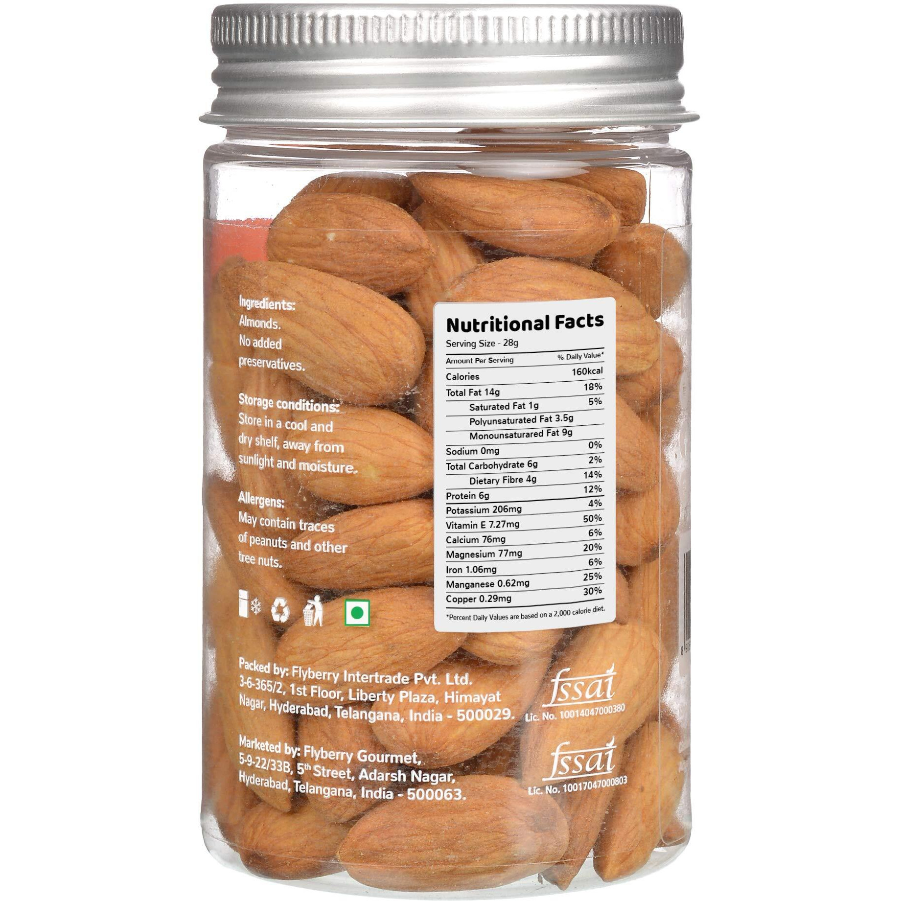 Flyberry Gourmet Premium California Jumbo Almonds, 100g |Rich in Protein, Magnesium and Dietary Fibre