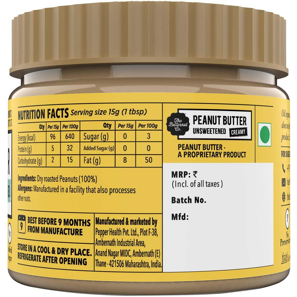 The Butternut Co. Natural Peanut Butter (Creamy) 340g, Unsweetened, 32g Protein, No Added Sugar, 100% Peanuts, No Salt, High Protein Peanut Butter, Gluten Free, Vegan, Cholesterol Free