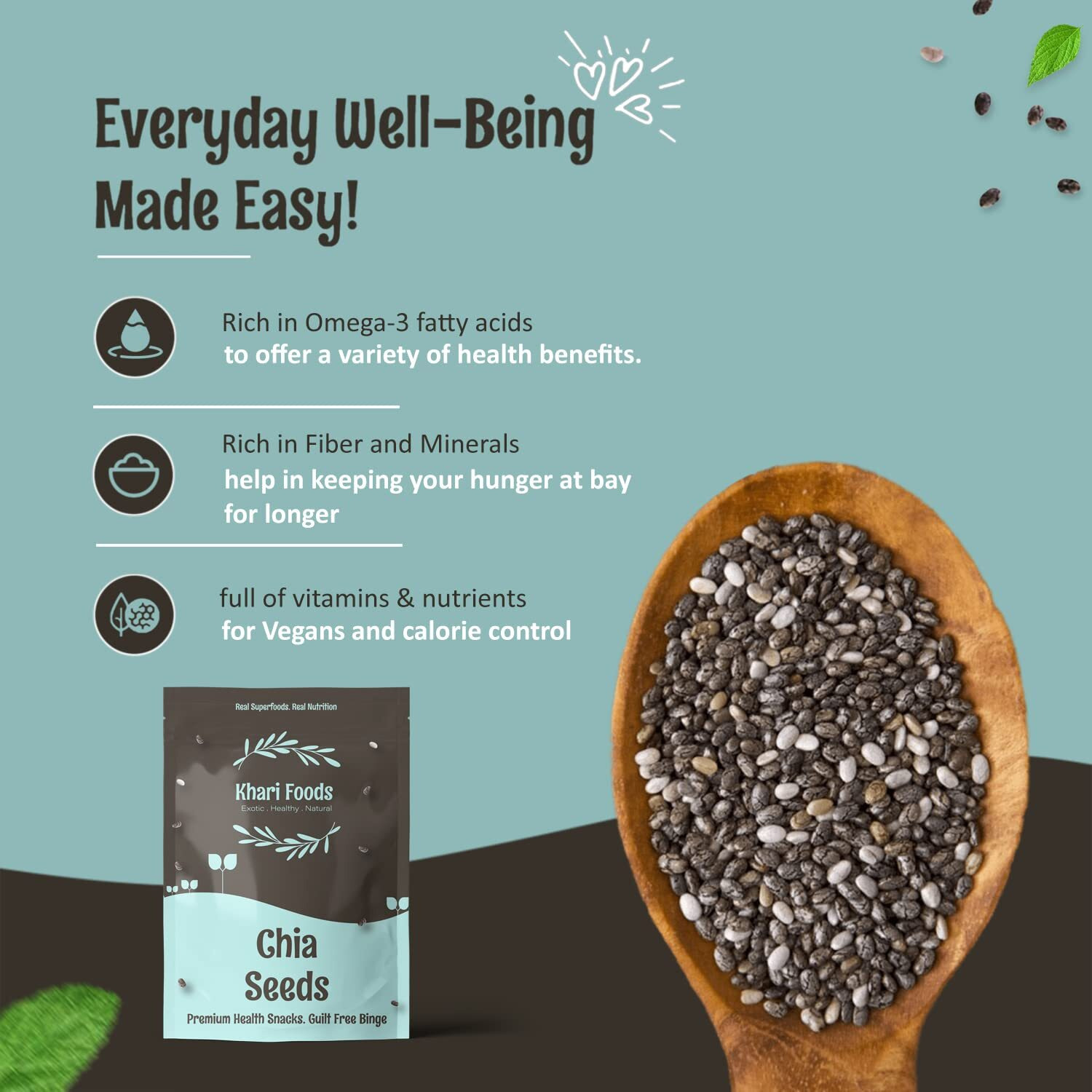 Khari Foods Chia Seeds For Weight Loss | Rich in Omega 3 Fats & Fibre | Healthy Snacks for Guilt Free Binge (Chia Seeds, 200g)