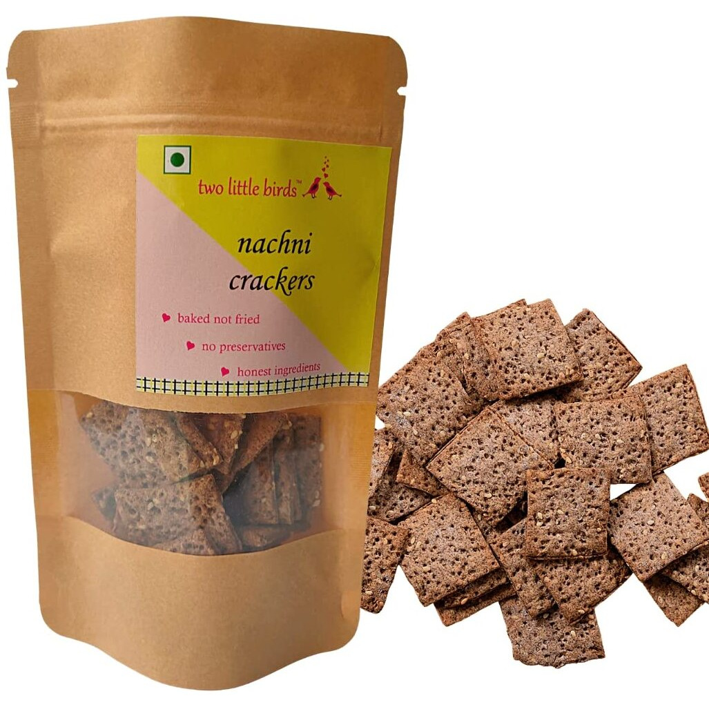 two little birds Nachni Crackers - Made with Ragi and Whole Wheat Flour| Baked Not Fried, Eggless, Handmade, Freshly Baked Snacks Chips| No Added Preservatives, Maida or Palm Oil| 120Grams (Pack of 1)