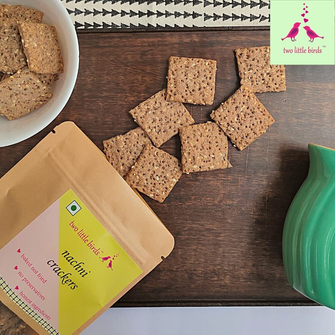two little birds Nachni Crackers - Made with Ragi and Whole Wheat Flour| Baked Not Fried, Eggless, Handmade, Freshly Baked Snacks Chips| No Added Preservatives, Maida or Palm Oil| 120Grams (Pack of 1)