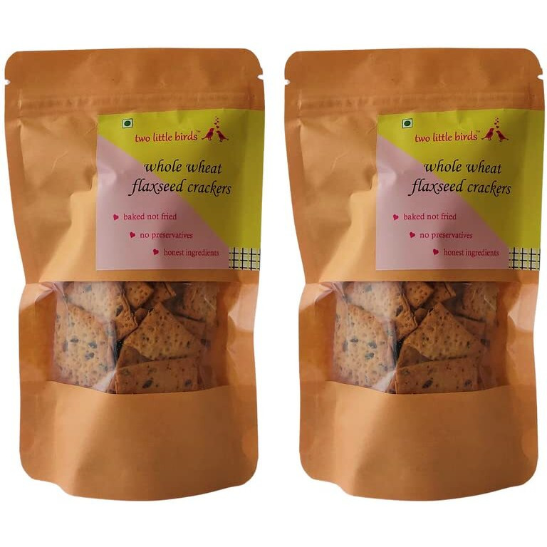 two little birds Whole Wheat Flaxseed Crackers - Made with Healthy Flaxseeds| Baked Not Fried, Eggless, Handmade, Freshly Baked Snacks Chips| No Preservatives, Maida or Palm Oil| 120Grams (Pack of 2)