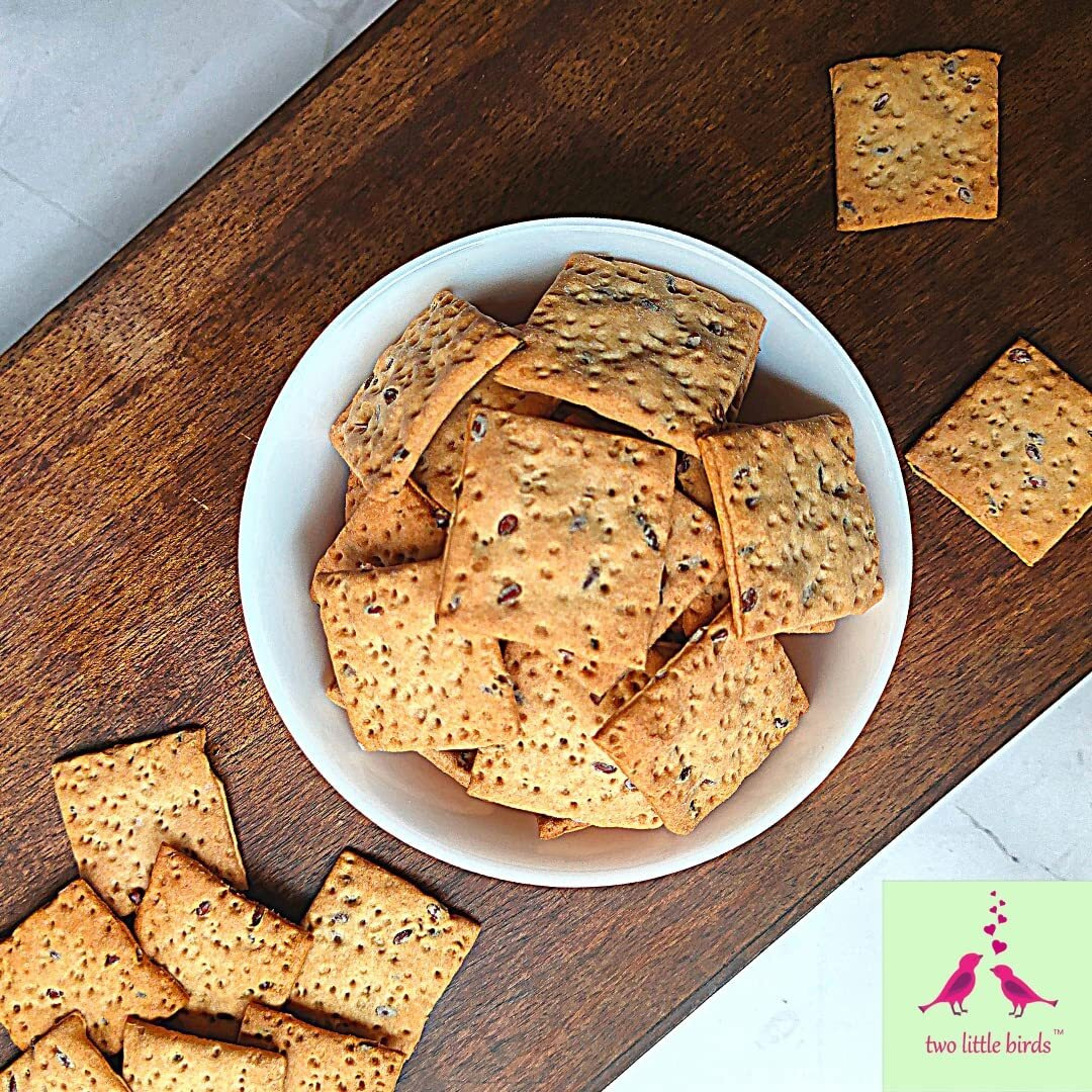 two little birds Whole Wheat Flaxseed Crackers - Made with Healthy Flaxseeds| Baked Not Fried, Eggless, Handmade, Freshly Baked Snacks Chips| No Preservatives, Maida or Palm Oil| 120Grams (Pack of 2)